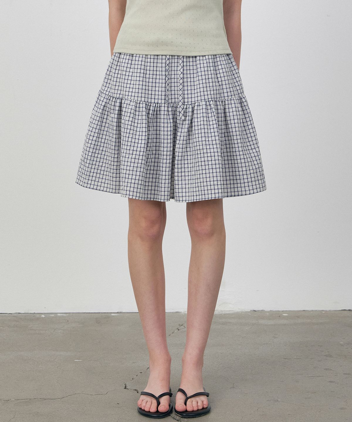 로에일(LOEIL) Crinkle check pattern tiered midi skirt_Blue