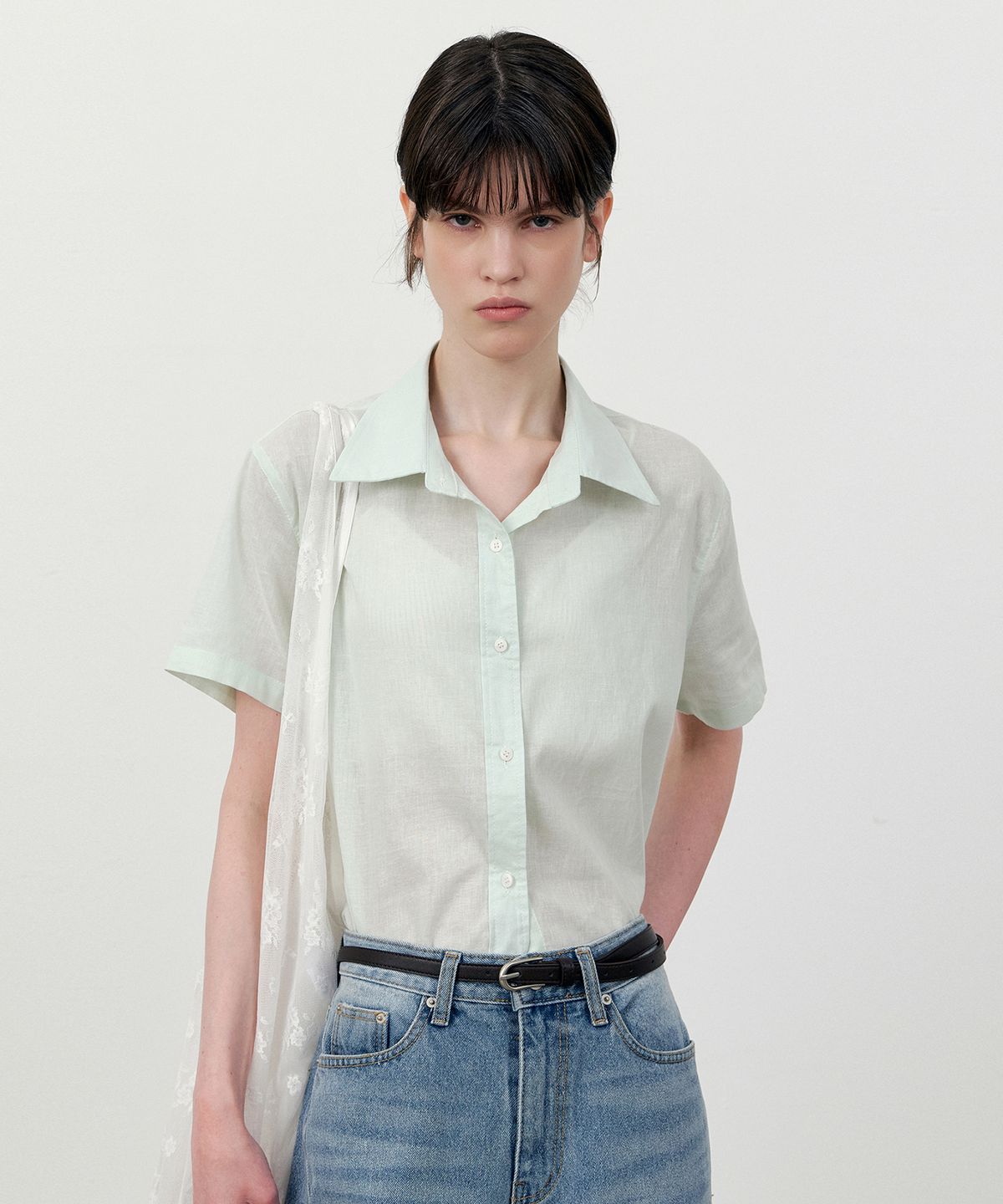 로에일(LOEIL) Natural linen half sleeve shirt_Mint