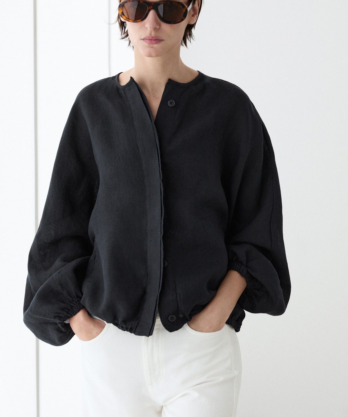 마시모두띠(MASSIMO DUTTI) 100% 린넨 퍼프 봄버 자켓