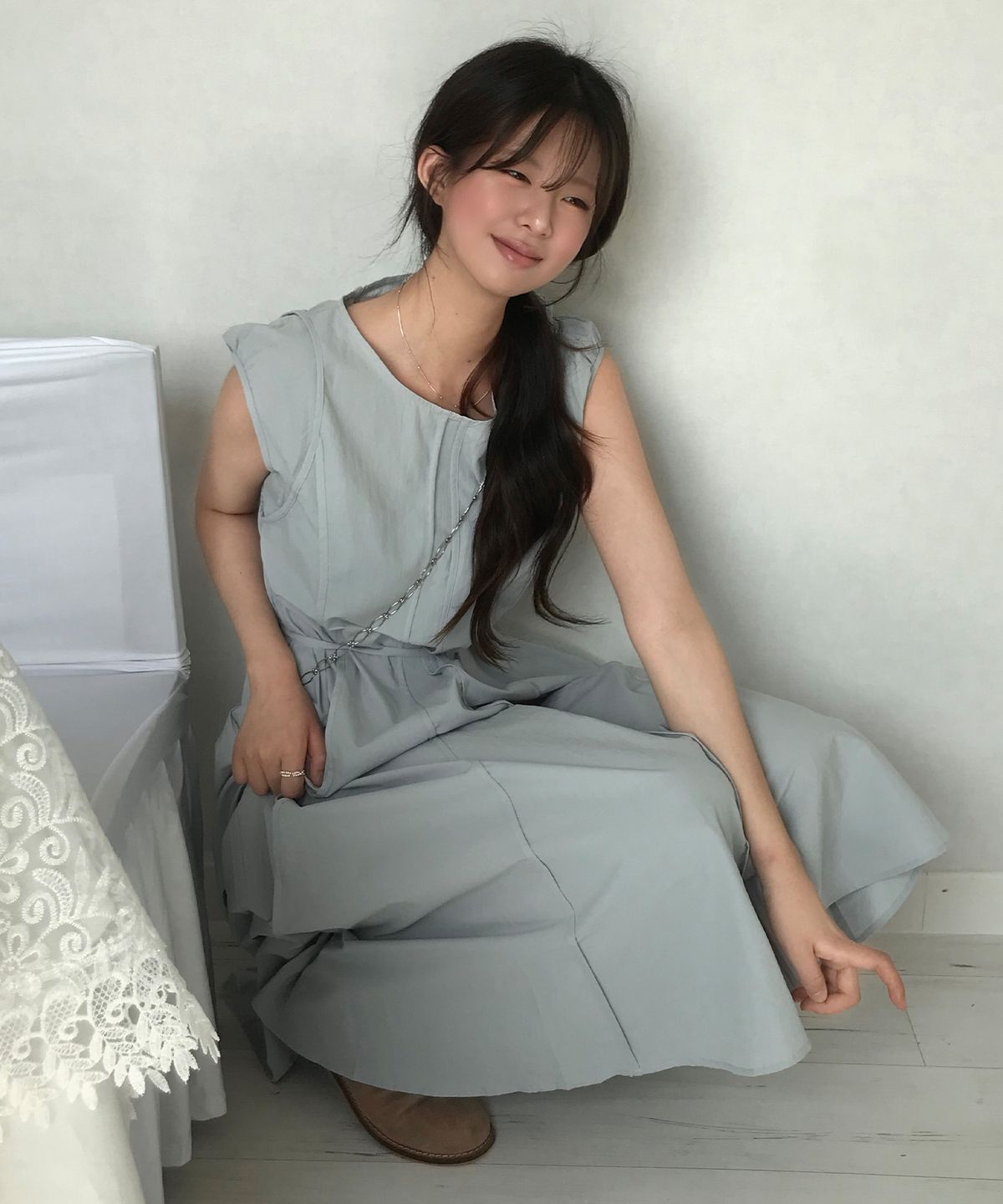 마인드브릿지 우먼(MIND BRIDGE WOMEN) [W]캡 슬리브 벨티드 나일론 롱 원피스 - 2color