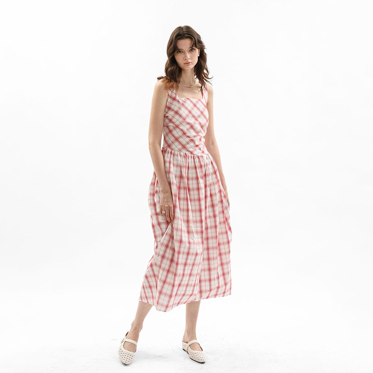 웬스데이딜라잇(WEDNESDAY DELIGHT) WD_Gathered waist check dress_RED