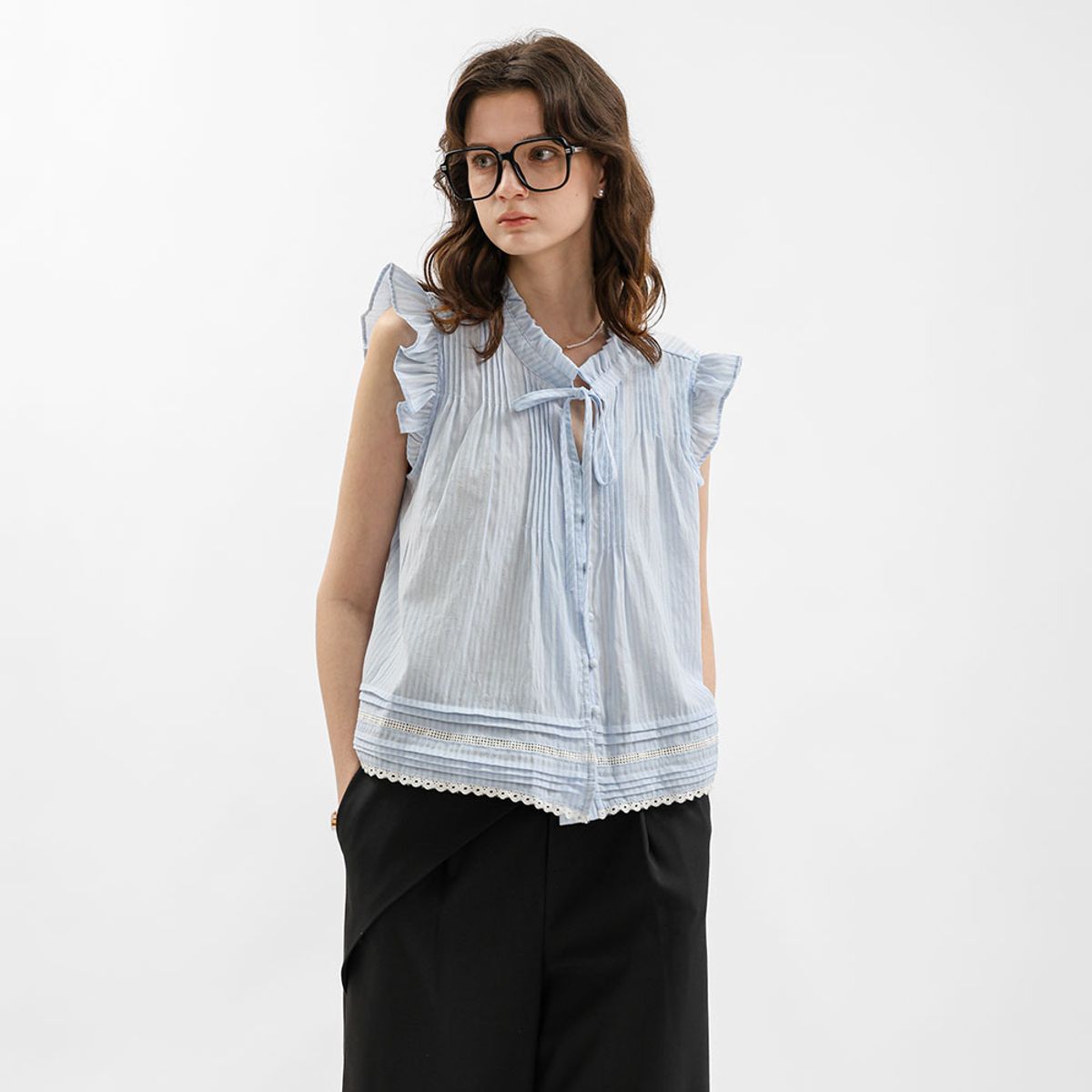 웬스데이딜라잇(WEDNESDAY DELIGHT) WD_Ribbon frill pintuck blouse_BLUE