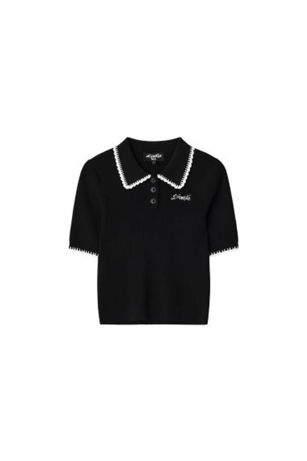 데바스테(DEVASTEE) 로고 스칼럽 카라 반팔 니트 풀오버 (ESFDVKT01BLK)