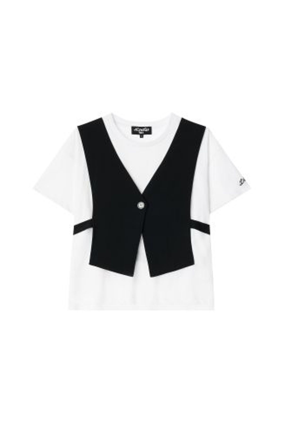 데바스테(DEVASTEE) 배색 조끼 레이어드 스트랩 티셔츠 (ESFDVTP05WHT)