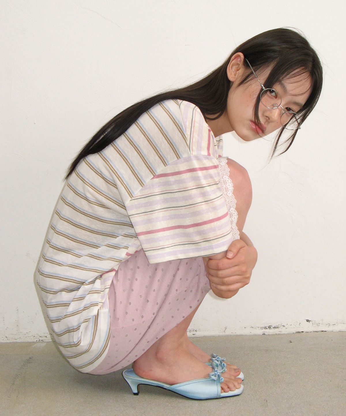 론론(RONRON) MIX STRIPE CONTRAST OVER FIT T SHIRT PINK PURPLE