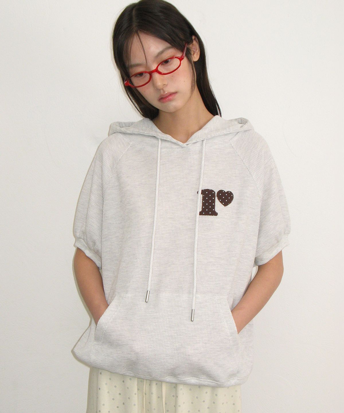 론론(RONRON) DOT R HALF SLEEVE HOODIE WHITE MELNAGE