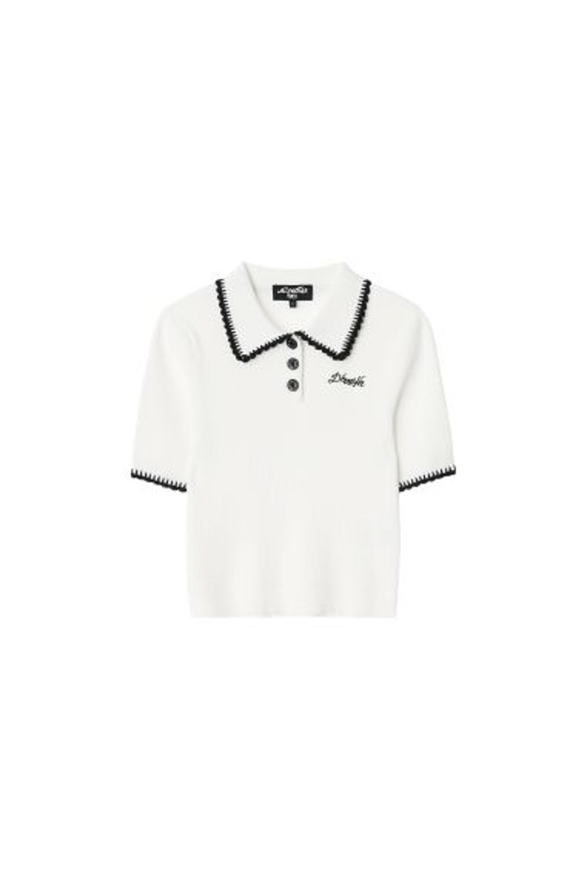 데바스테(DEVASTEE) 로고 스칼럽 카라 반팔 니트 풀오버 (ESFDVKT01WHT)