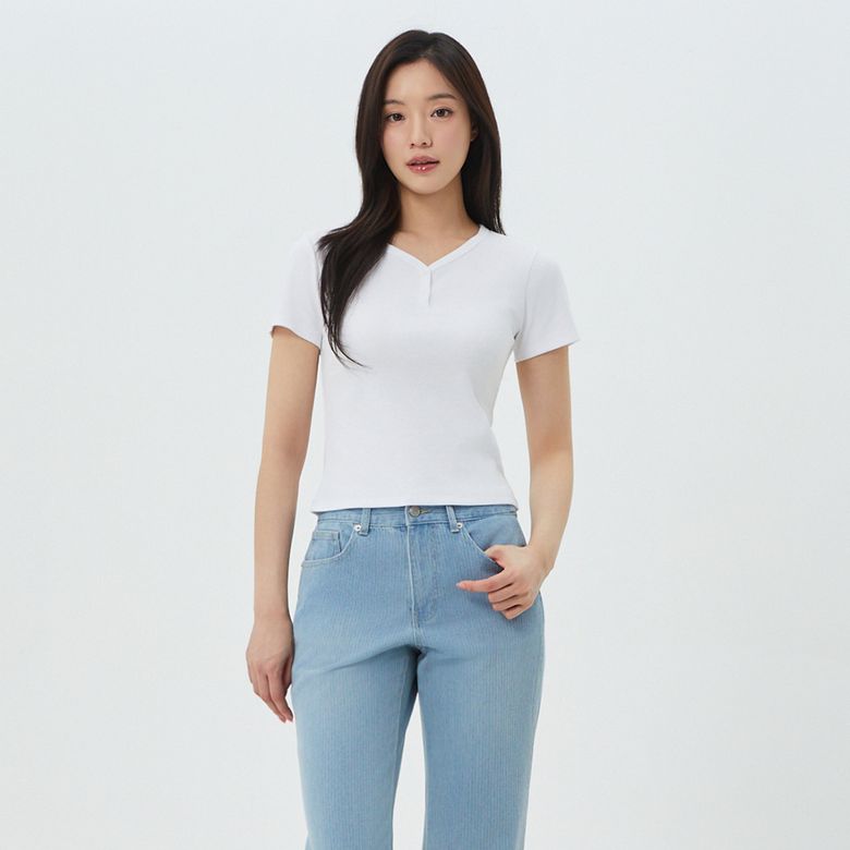 [BEIGE]브이넥 버튼 티셔츠 PS7CH306
