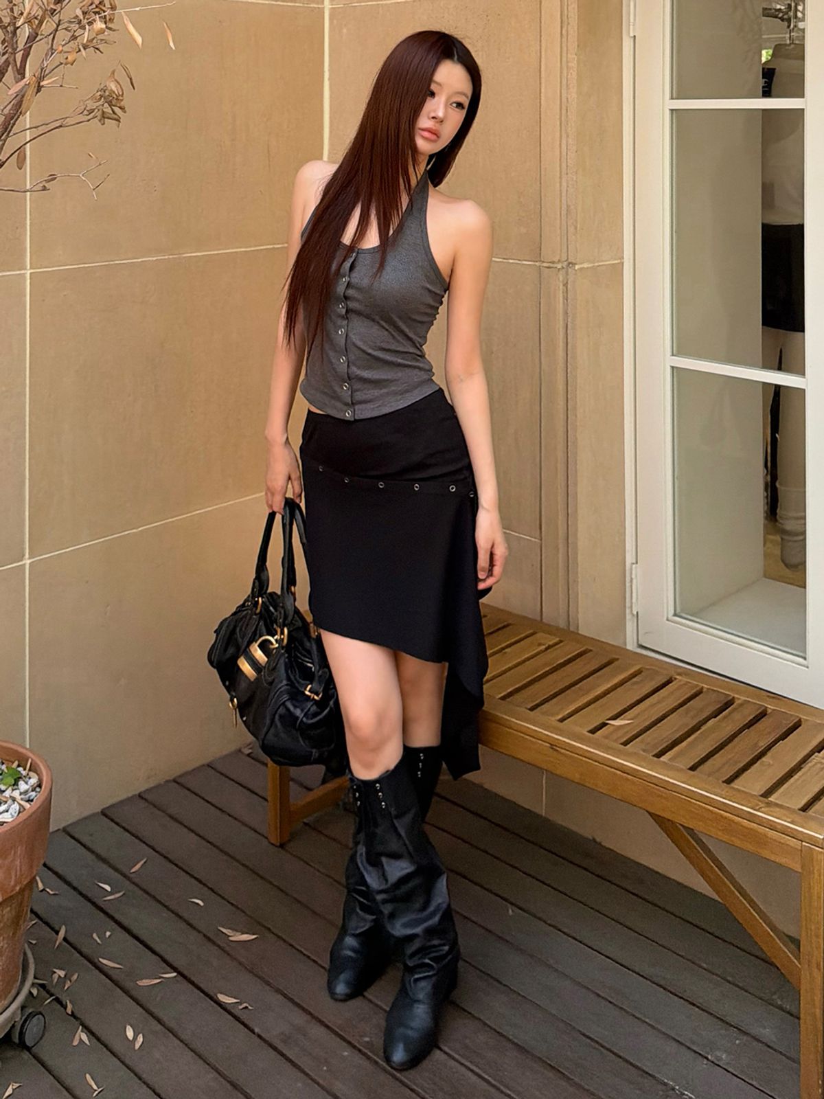 바운더리(BOUNDARY) GLAM SNAP FLARED SKIRT BK_B261MSD103