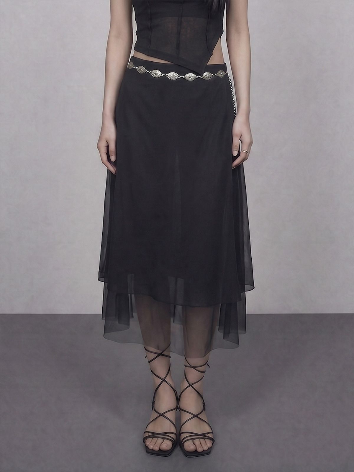 바운더리(BOUNDARY) GLAM DOUBLE LAYER FLARED MESH LONG SKIRT BK_B261MSD111