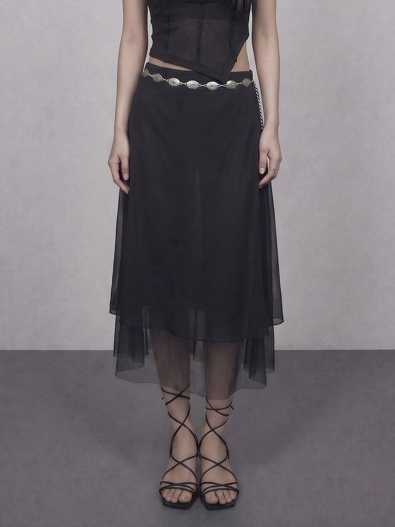 GLAM DOUBLE LAYER FLARED MESH LONG SKIRT BK_B261MSD111