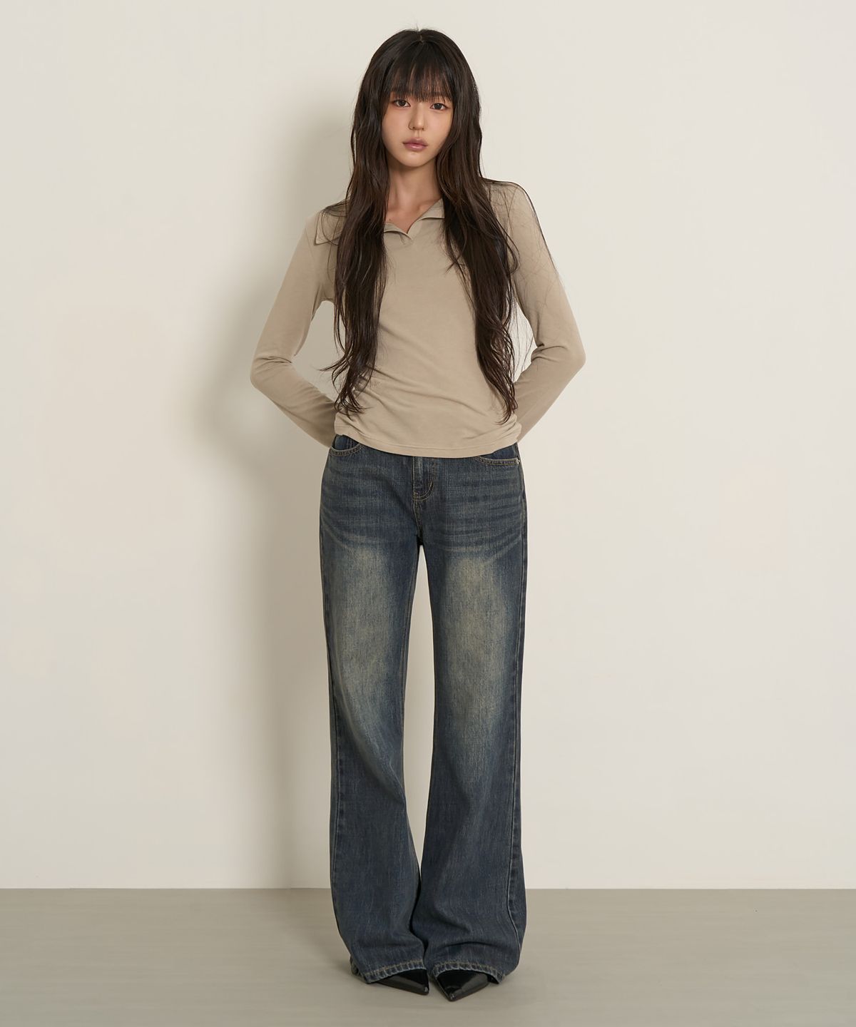 페플리(PEPLEE) Washed Denim Boots Cut Pants (Vintage Blue)