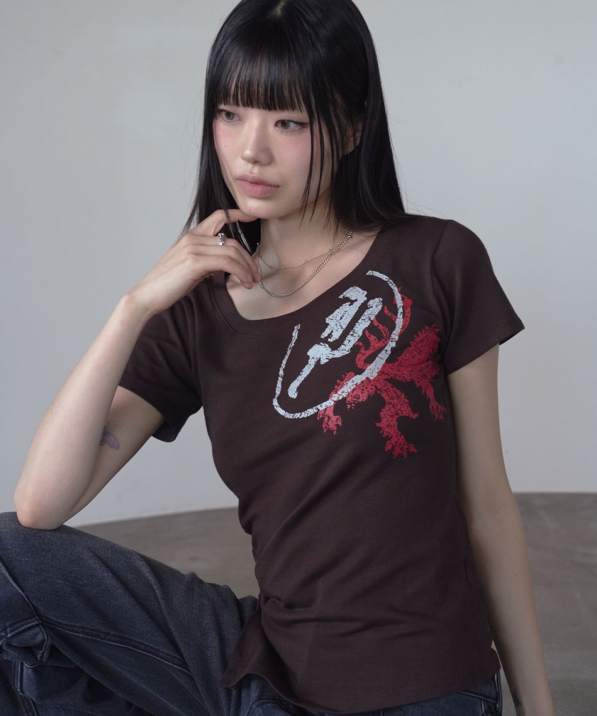프렌다(PRENDA) ASYM BUTTON SHORT SLEEVE BROWN
