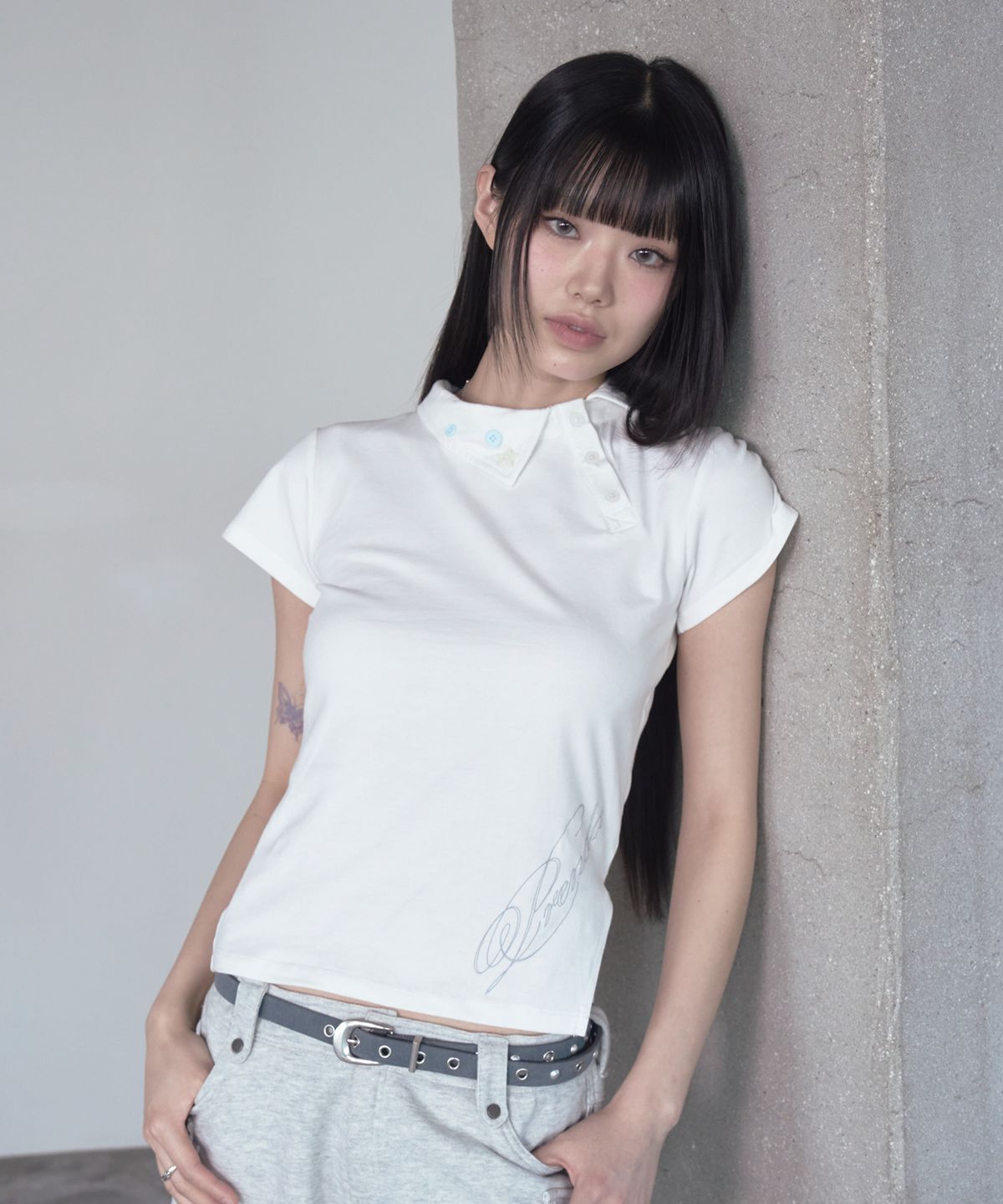 프렌다(PRENDA) STAR BUTTON COLLAR OBLIQUE SHORT SLEEVE WHITE