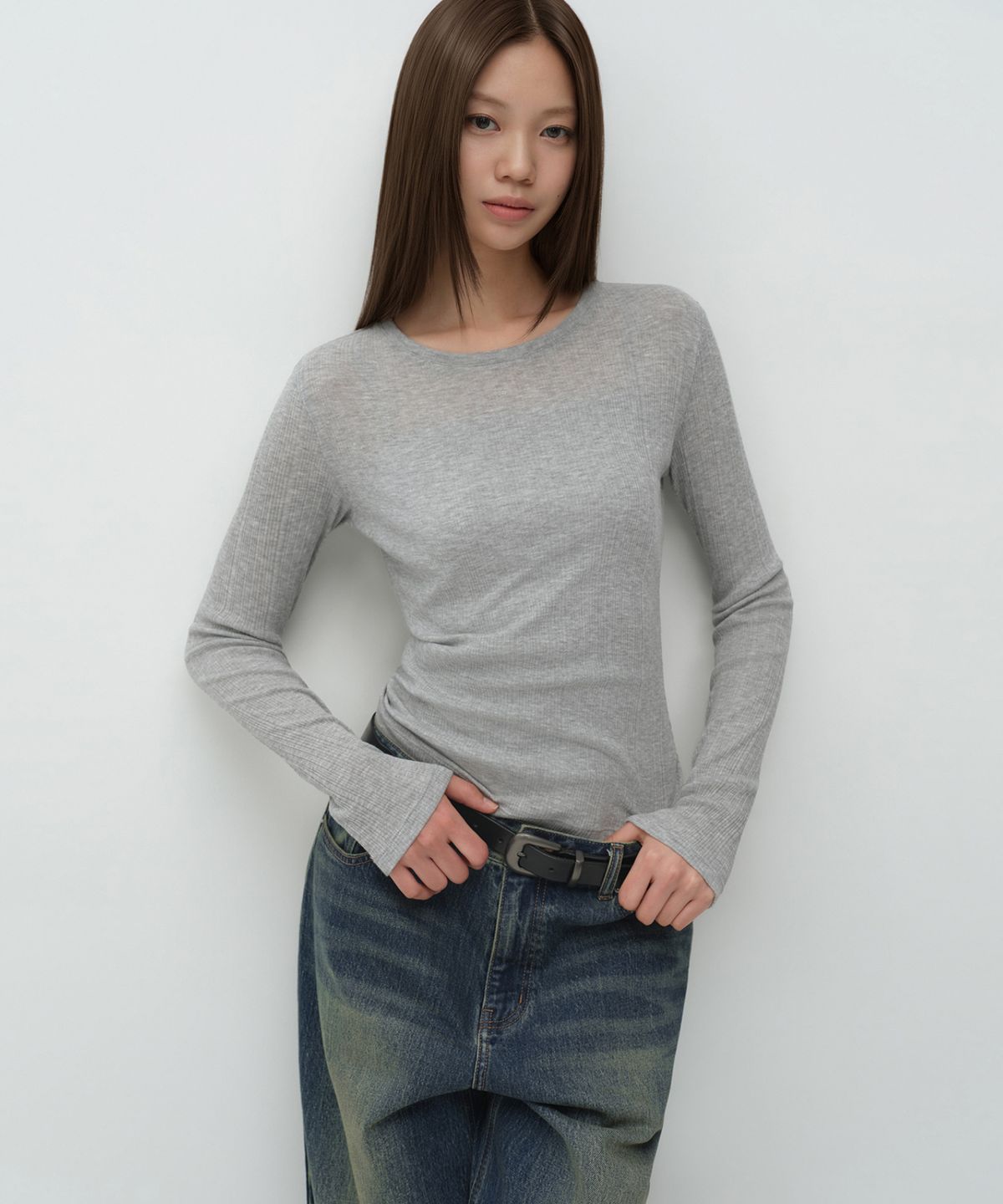 무신사 스탠다드 우먼(MUSINSA STANDARD WOMAN) 우먼즈 소프트 리브드 긴소매 티셔츠 [미디엄 그레이]