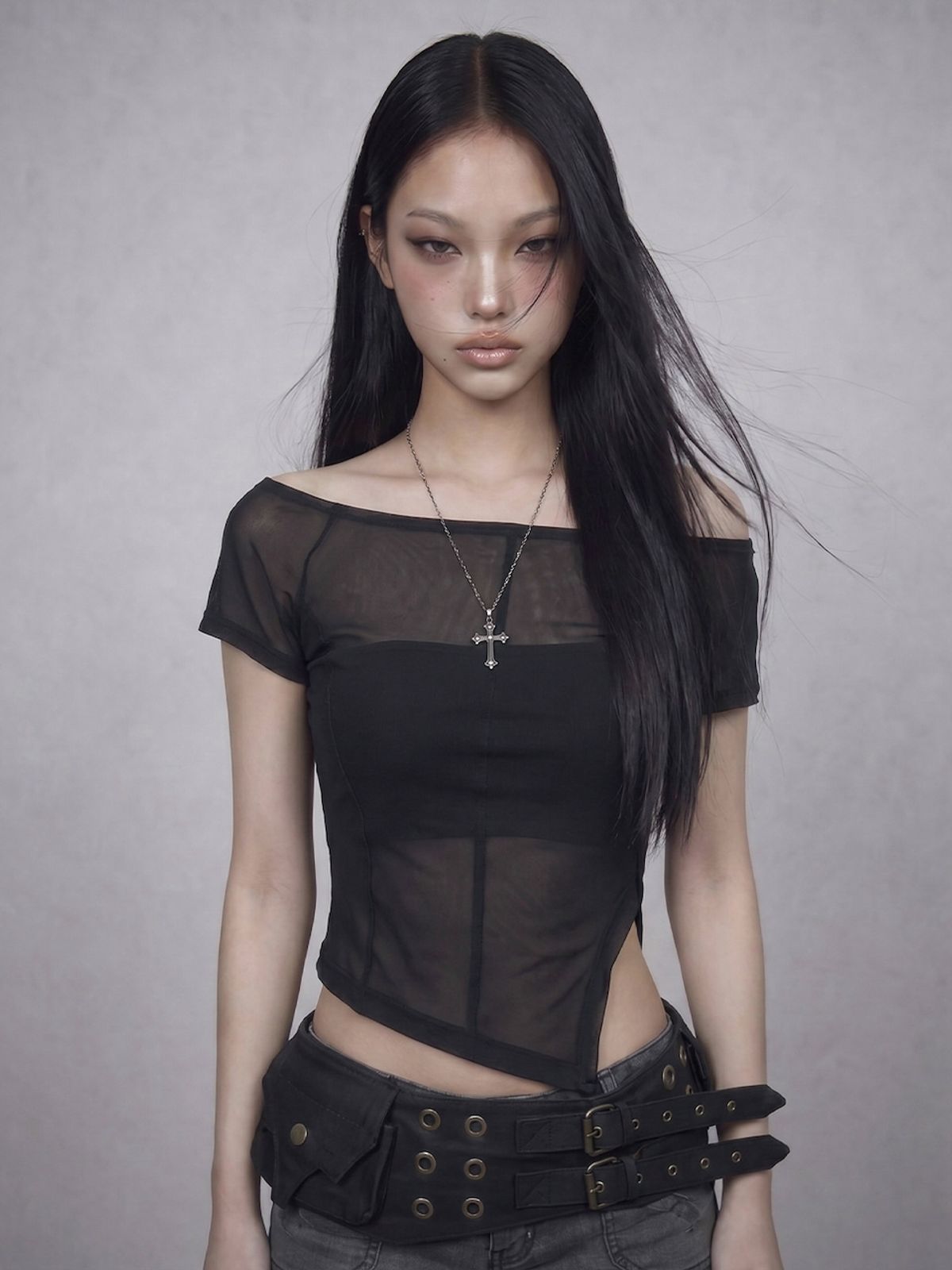 바운더리(BOUNDARY) GLAM BACK STRAP SHEER CROP TOP BK_B261MSM108