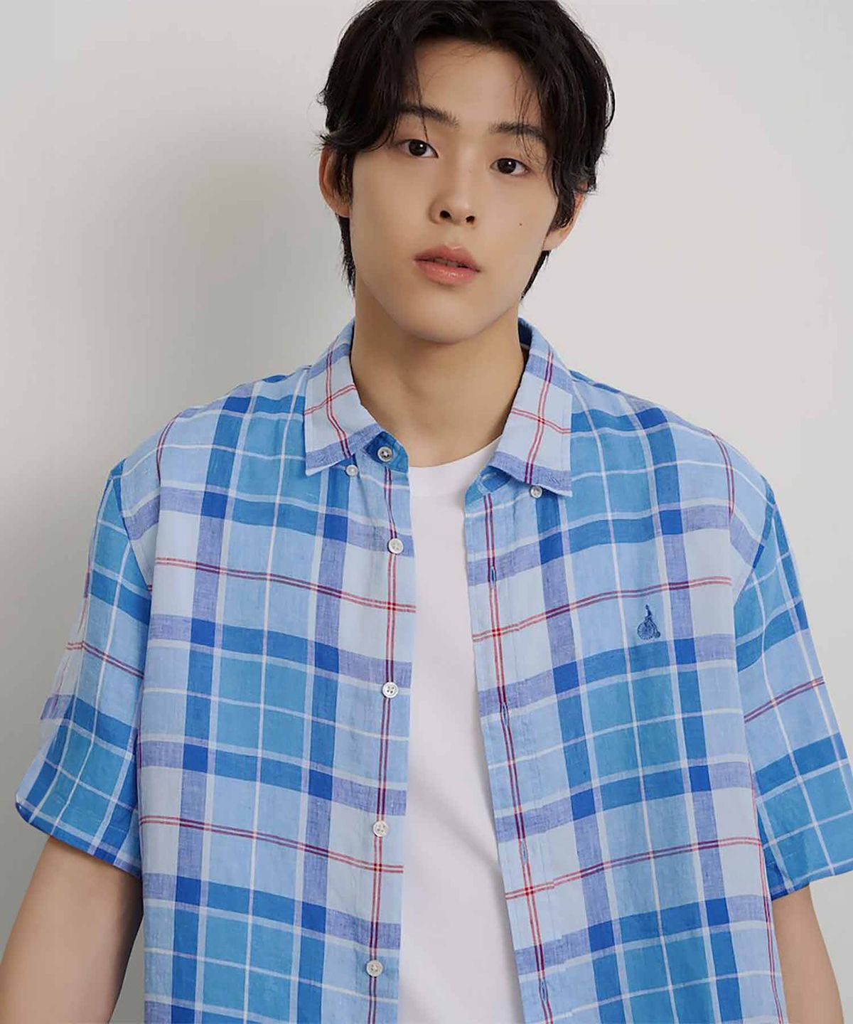 빈폴 멘(BEANPOLE MEN) 리넨 빅체크 반소매 셔츠  블루