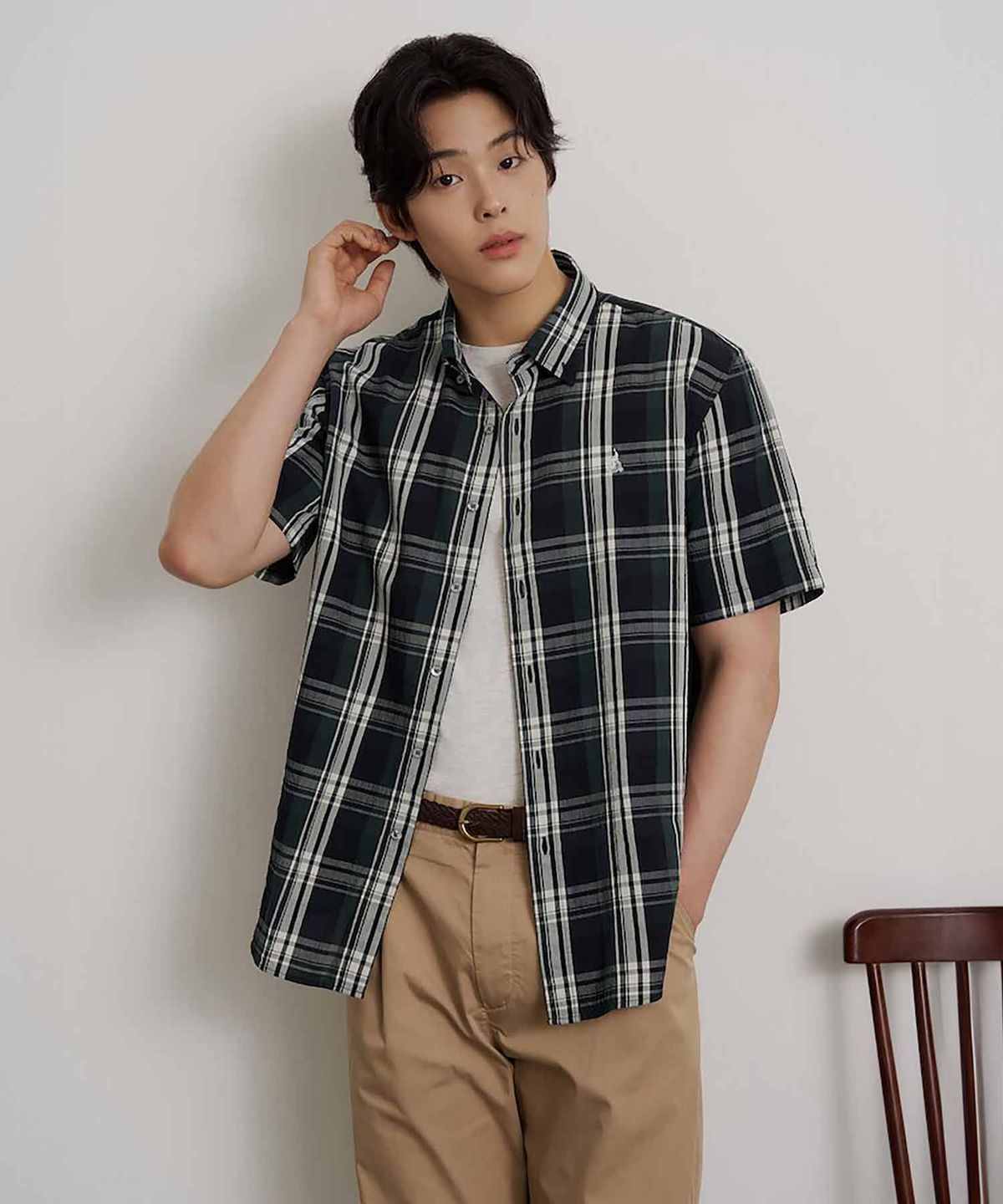 빈폴 멘(BEANPOLE MEN) 시어서커 빅체크 반소매 셔츠  그린