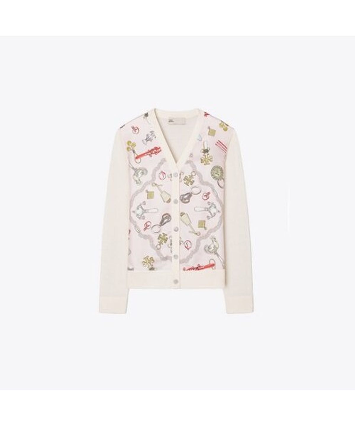 토리버치(TORYBURCH) 실크 프론트 가디건 - 아이보리 / 핑크 래틀스