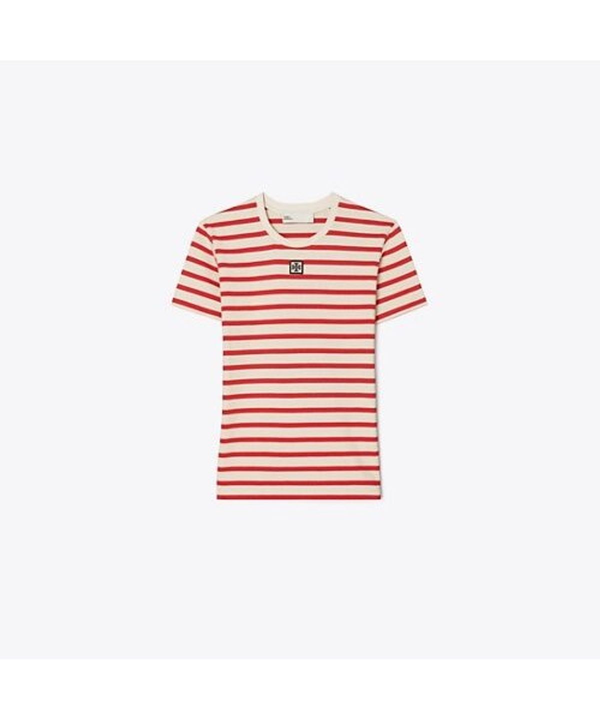 토리버치(TORYBURCH) 스트라이프 코튼 티셔츠 - 라이트 아이보리 / 플래시 레드 스트라이프