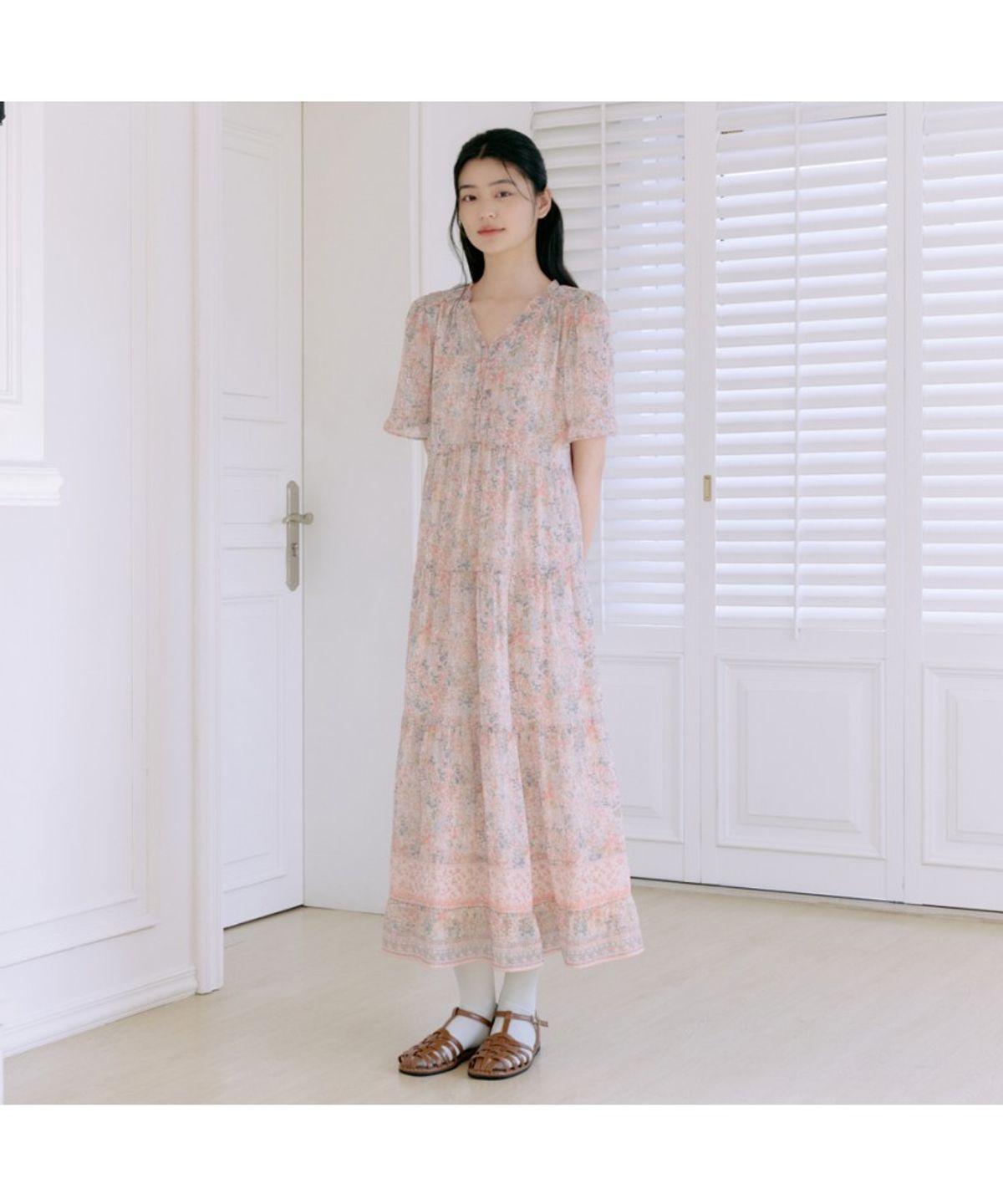 써스데이 아일랜드(THURSDAY ISLAND) 플라워 보더 믹스 프릴 원피스_T264MOP245W