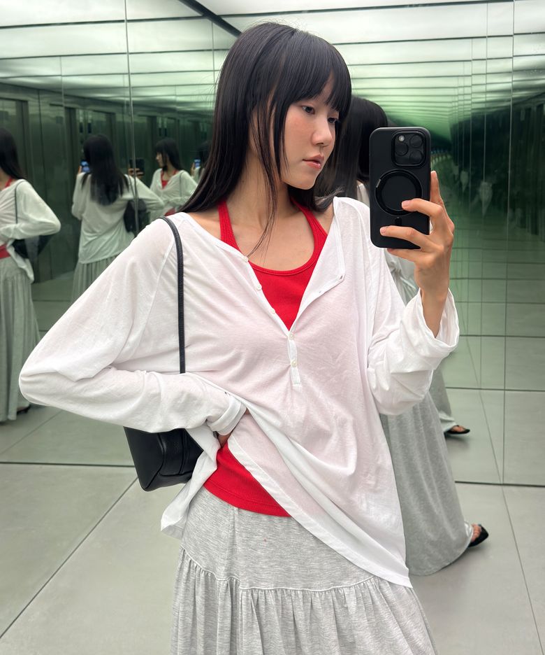 Sheer button raglan t-shirt