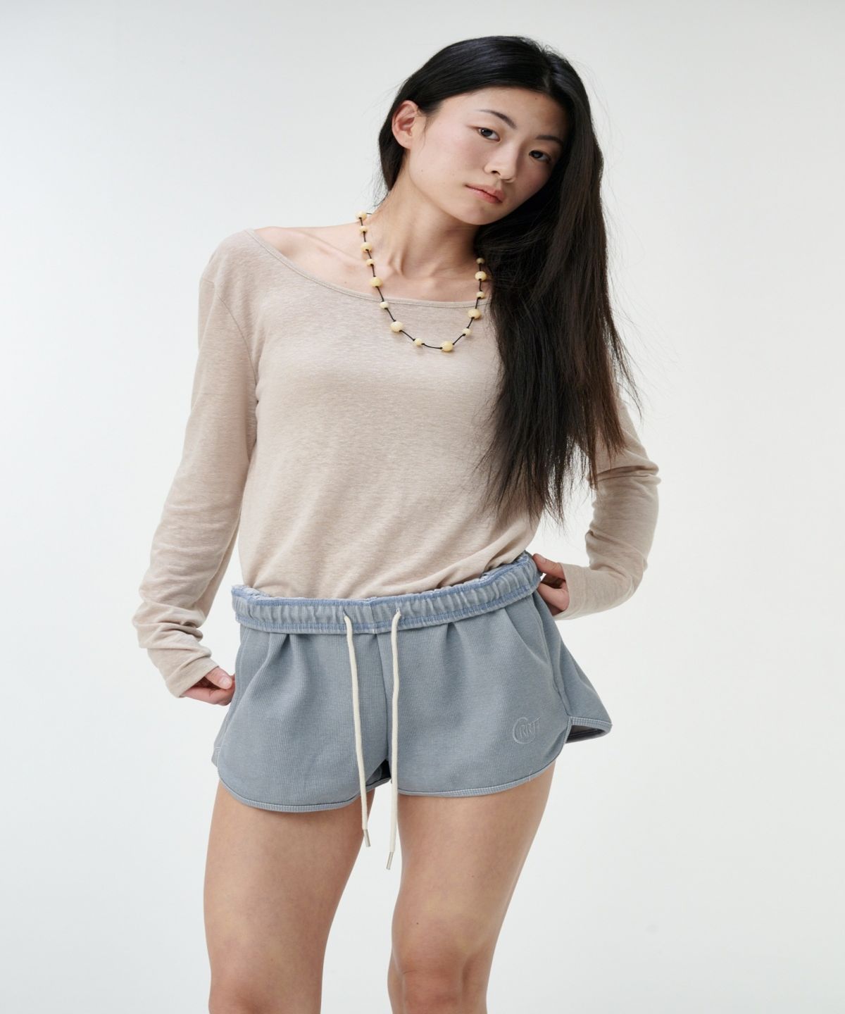 까롯(CARROTTE) Natural Linen Blend Printed T-shirt, Sand Beige