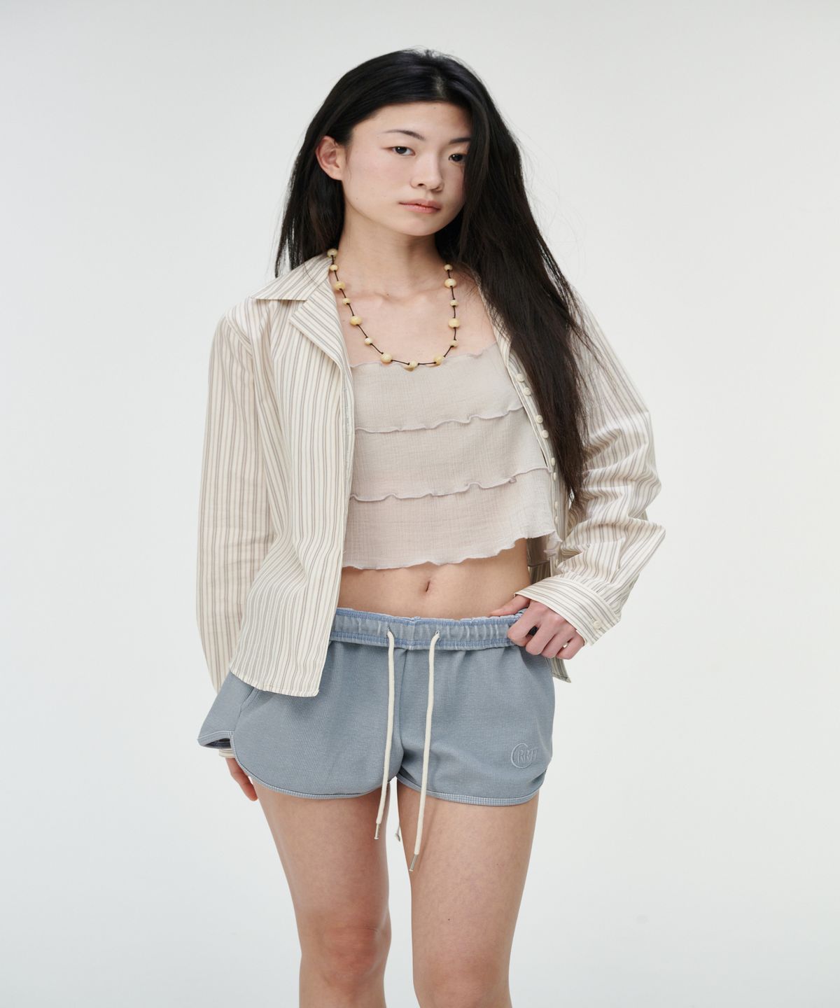 까롯(CARROTTE) Pigment Ribbed Logo Shorts, Dusty Blue