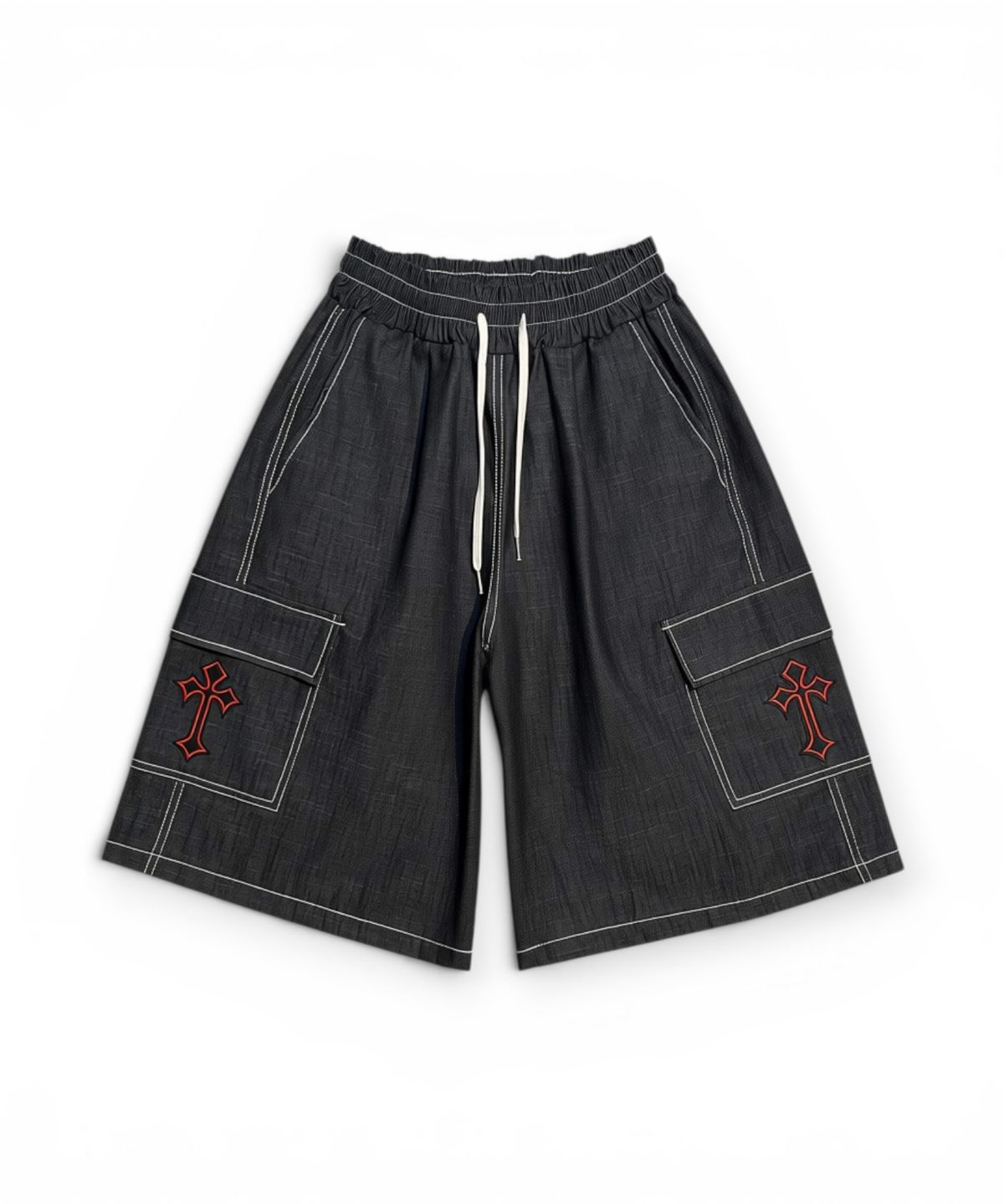 본슬리피(BORN SLIPPY) Blood Cross Stitch Cargo Bermuda Shorts (Black)