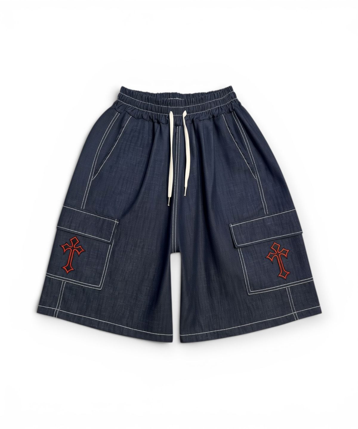 본슬리피(BORN SLIPPY) Blood Cross Stitch Cargo Bermuda Shorts (Deep Blue)