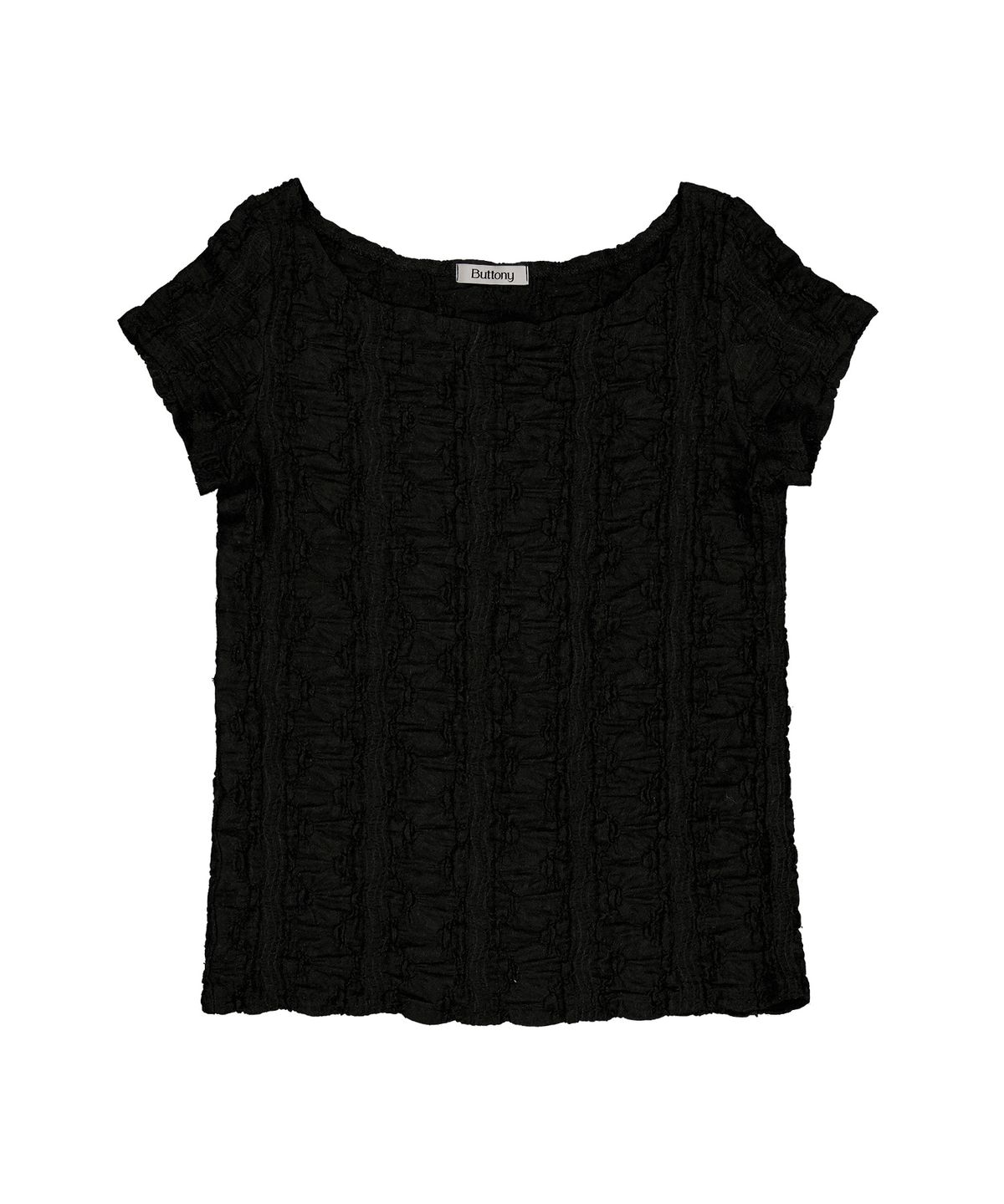 버터니(BUTTONY) WRINKLE TEXTURE OFF-SHOULDER SHORT SLEEVE T-SHIRT (BLACK)