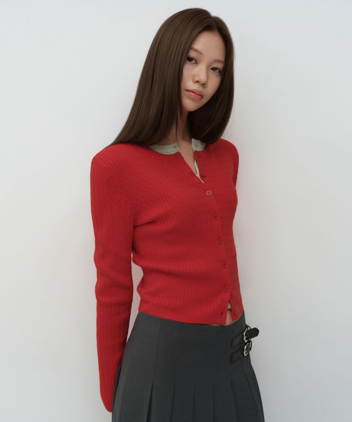 무신사 스탠다드 우먼(MUSINSA STANDARD WOMAN) 우먼즈 케이블 라운드 넥 가디건 [레드]