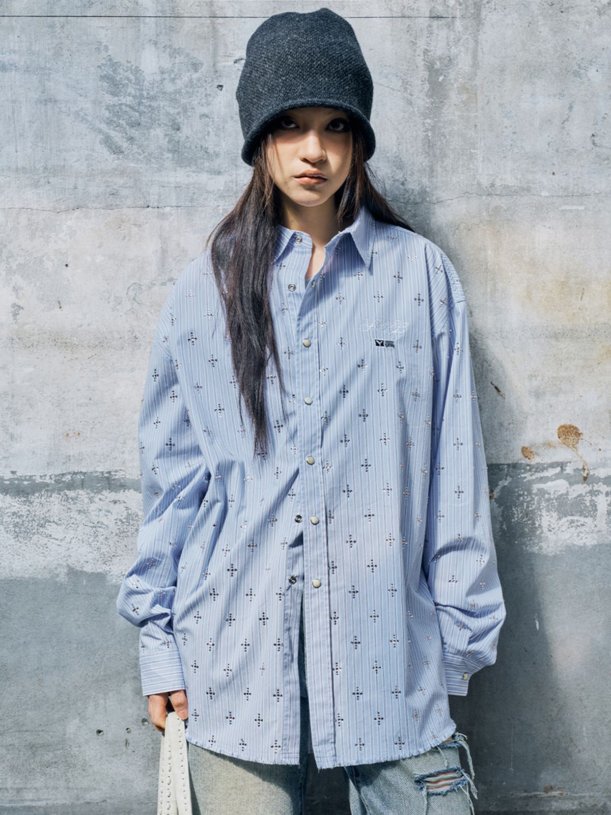 와이이이엘(YEEL) RHINESTONE STRIPED OVERSHIRT BLUE