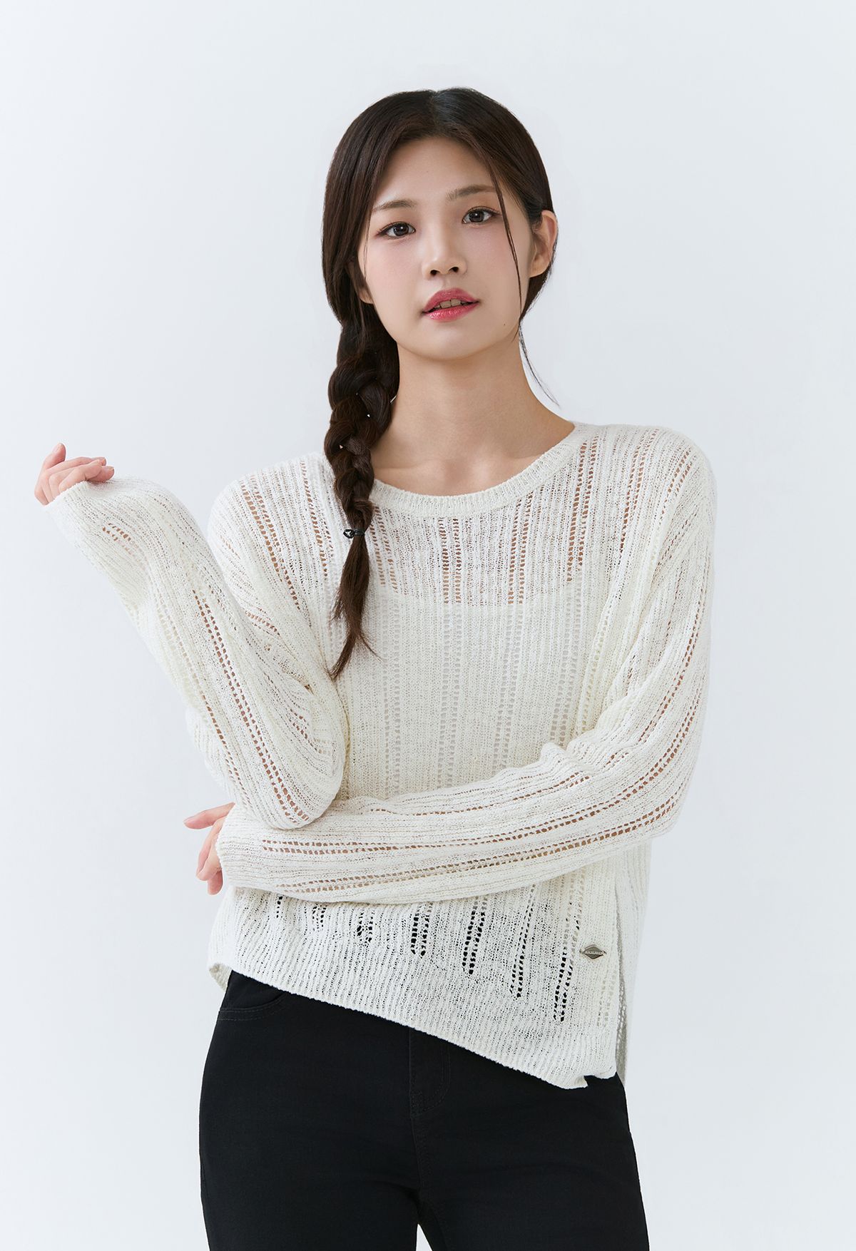잠뱅이(JAMBANGEE) [26SS] 여성) 펀칭 보트넥 트임 긴팔 니트 AQ2WSW470-IV