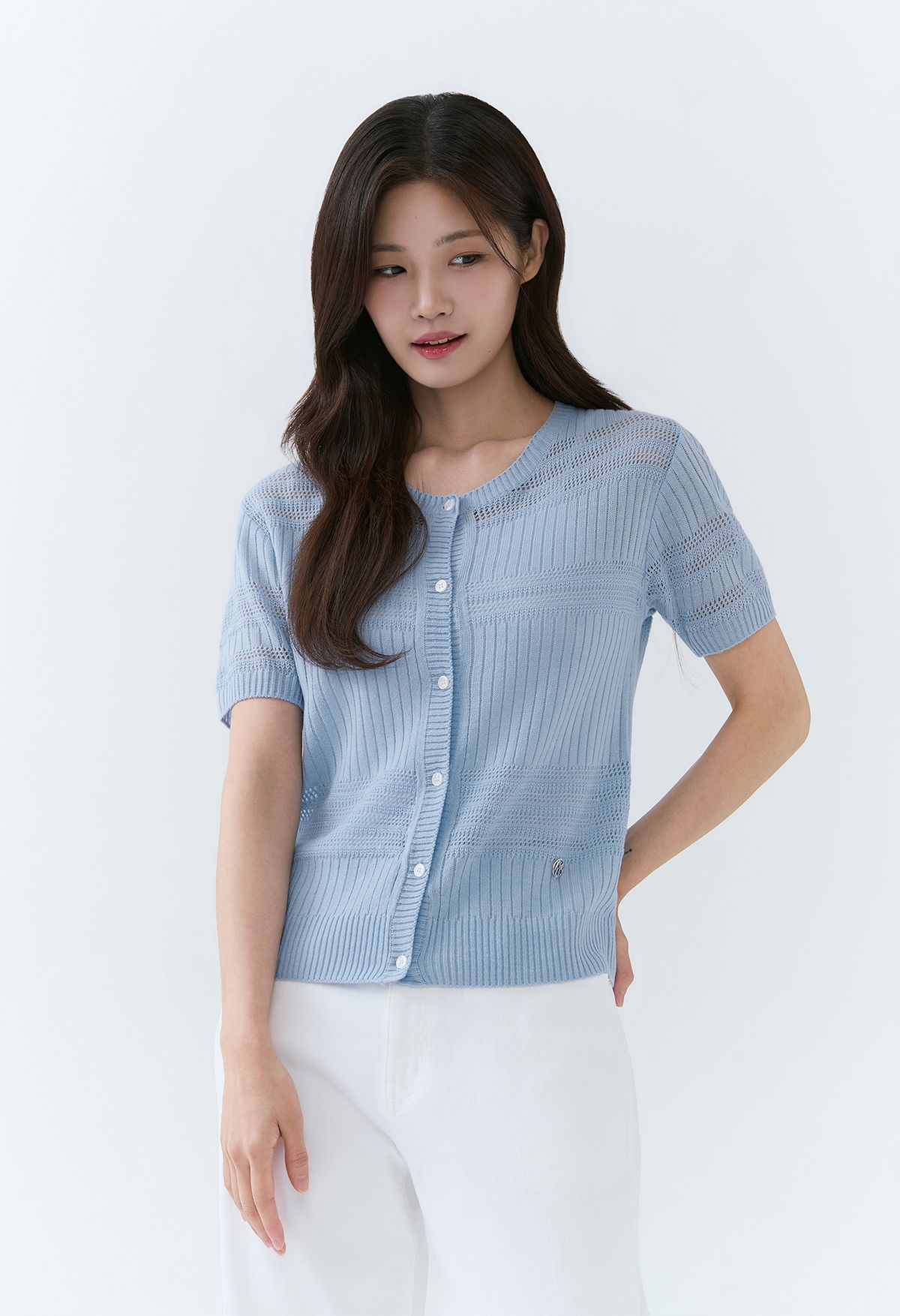 잠뱅이(JAMBANGEE) [26SS] 여성) 조직변형 패턴 라운드넥 반팔 니트 가디건 AQ2WSC473-SB