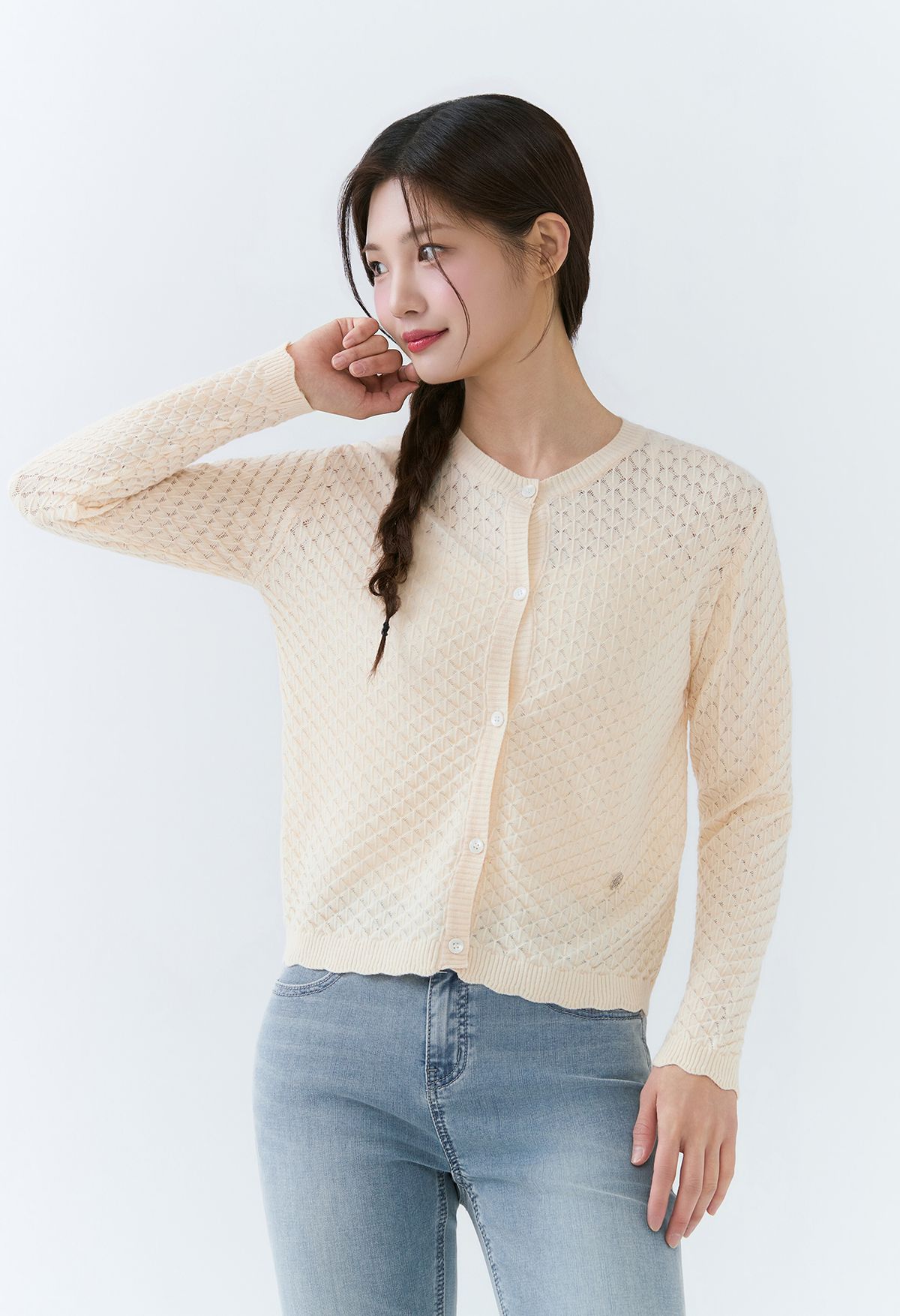 잠뱅이(JAMBANGEE) [26SS] 여성) 조직 변형 웨이브 디테일 니트 가디건 AQ2WSC471-LE