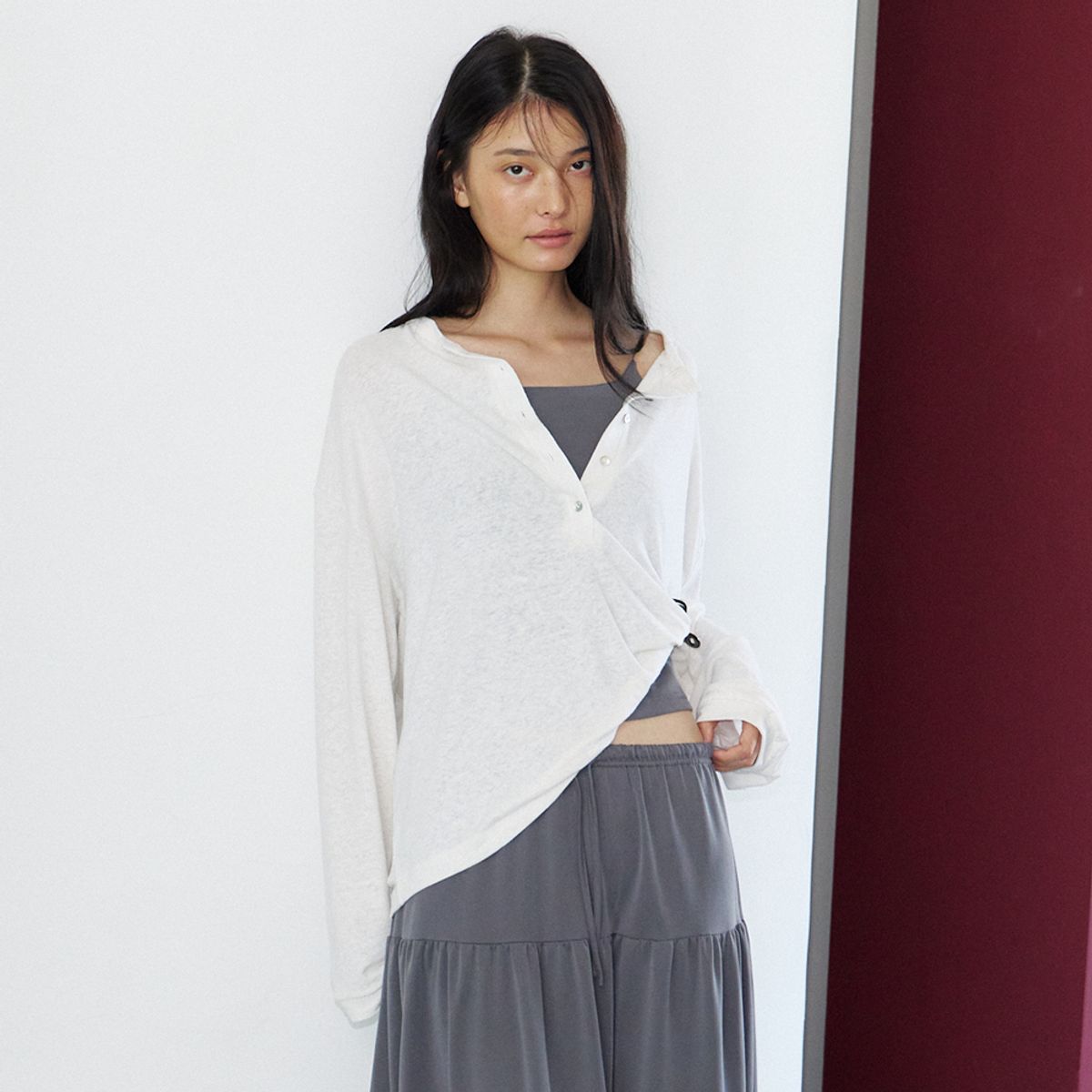 노우드(NOEUD) Linen Henley Tee (Ivory)