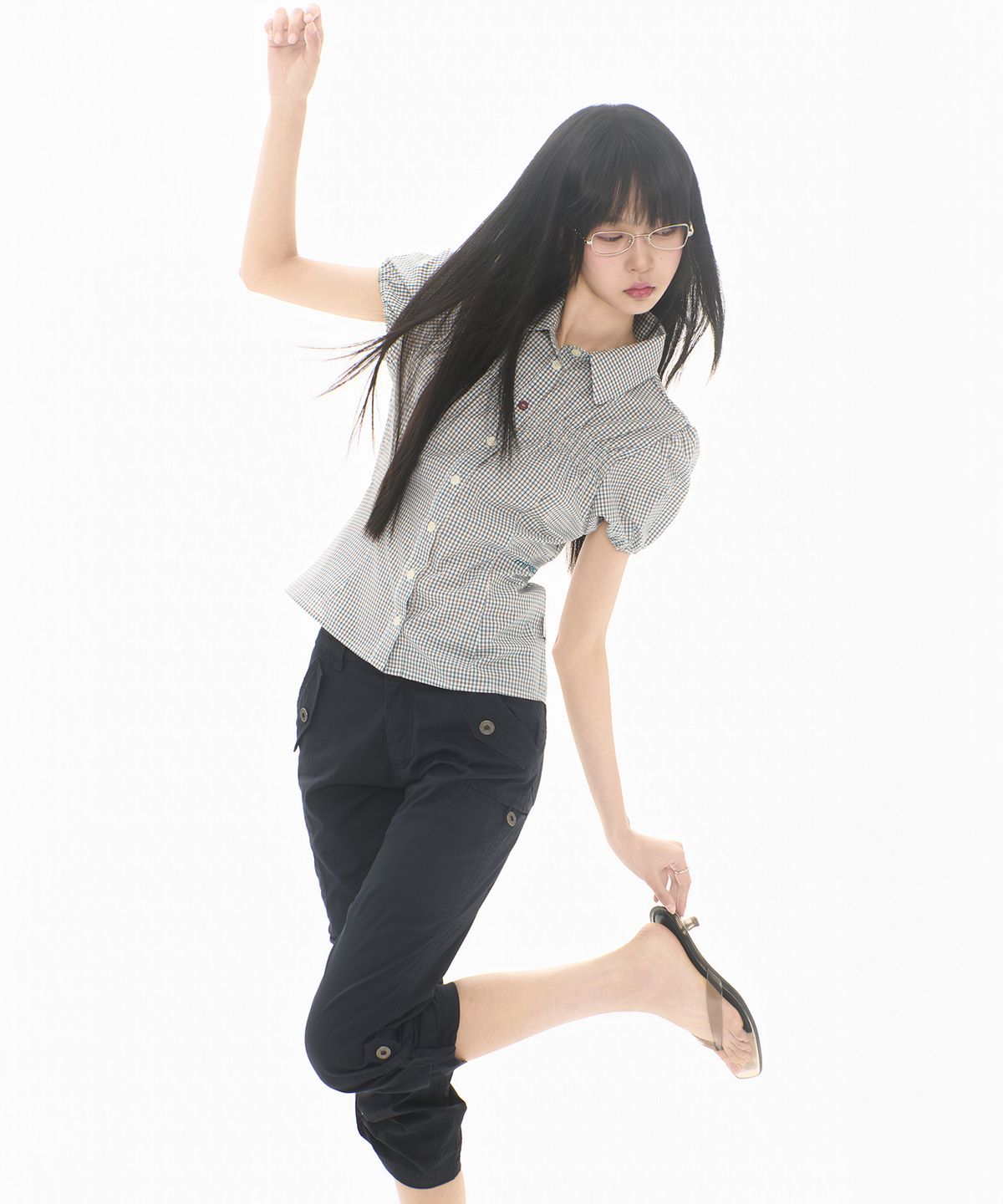 미레코(MIRECO) MINI CHECK SHIRRING SHIRT TURQUOISE