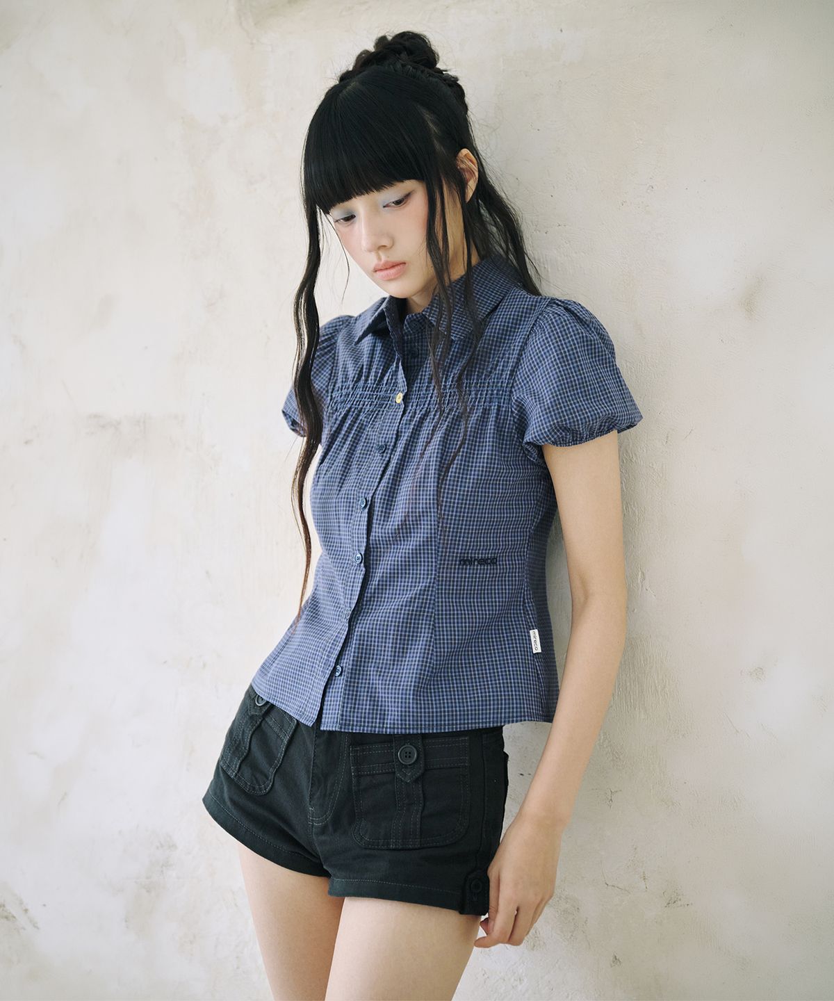 미레코(MIRECO) MINI CHECK SHIRRING SHIRT NAVY - 사이즈 & 후기 | 무신사
