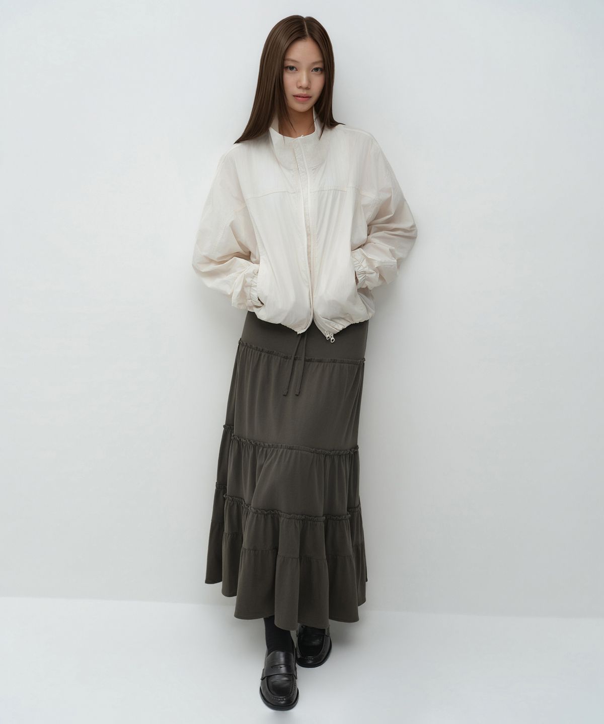 무신사 스탠다드 우먼(MUSINSA STANDARD WOMAN) 우먼즈 저지 티어드 롱 스커트 [카키 브라운]
