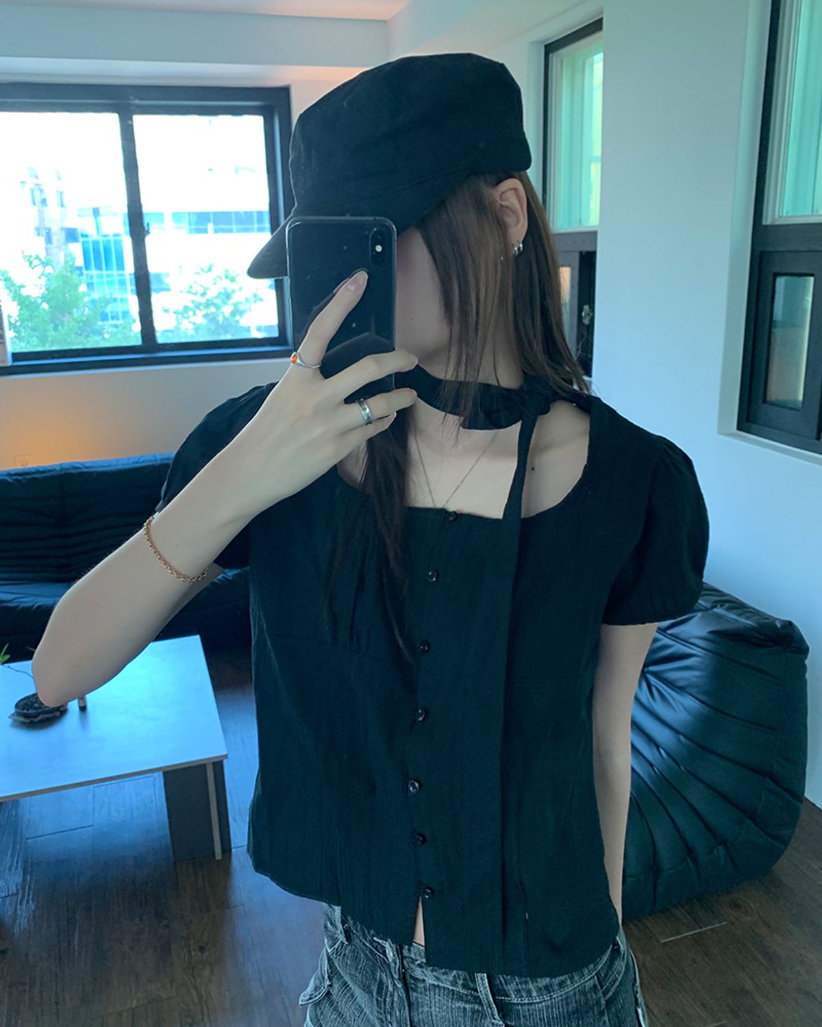해비즘(HAVISM) SCARF SQUARE NECK BLOUSE(BLACK)