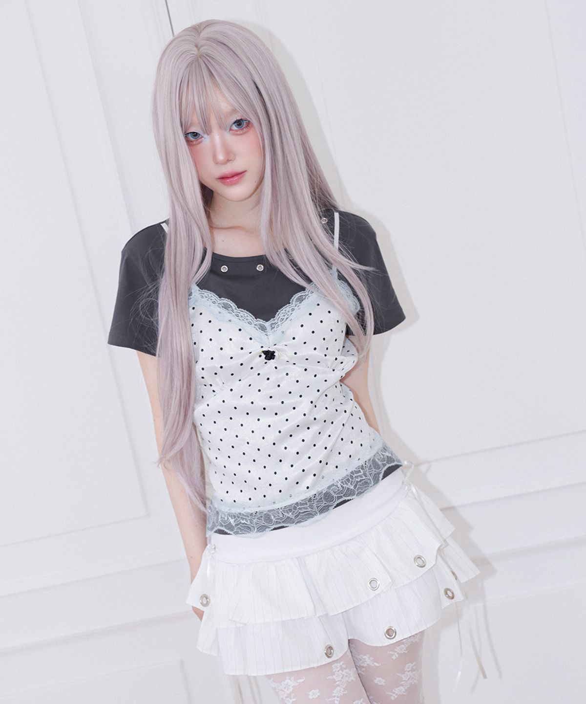 체리퀴리(CHERRYQUIRI) dot cami layered top - charcoal