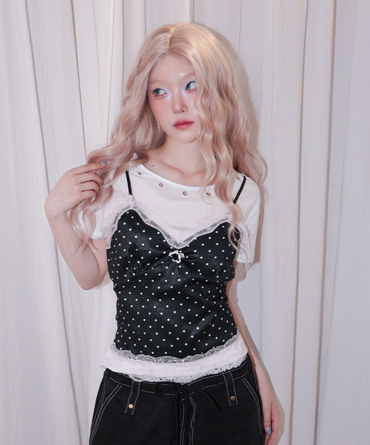 체리퀴리(CHERRYQUIRI) dot cami layered top - white