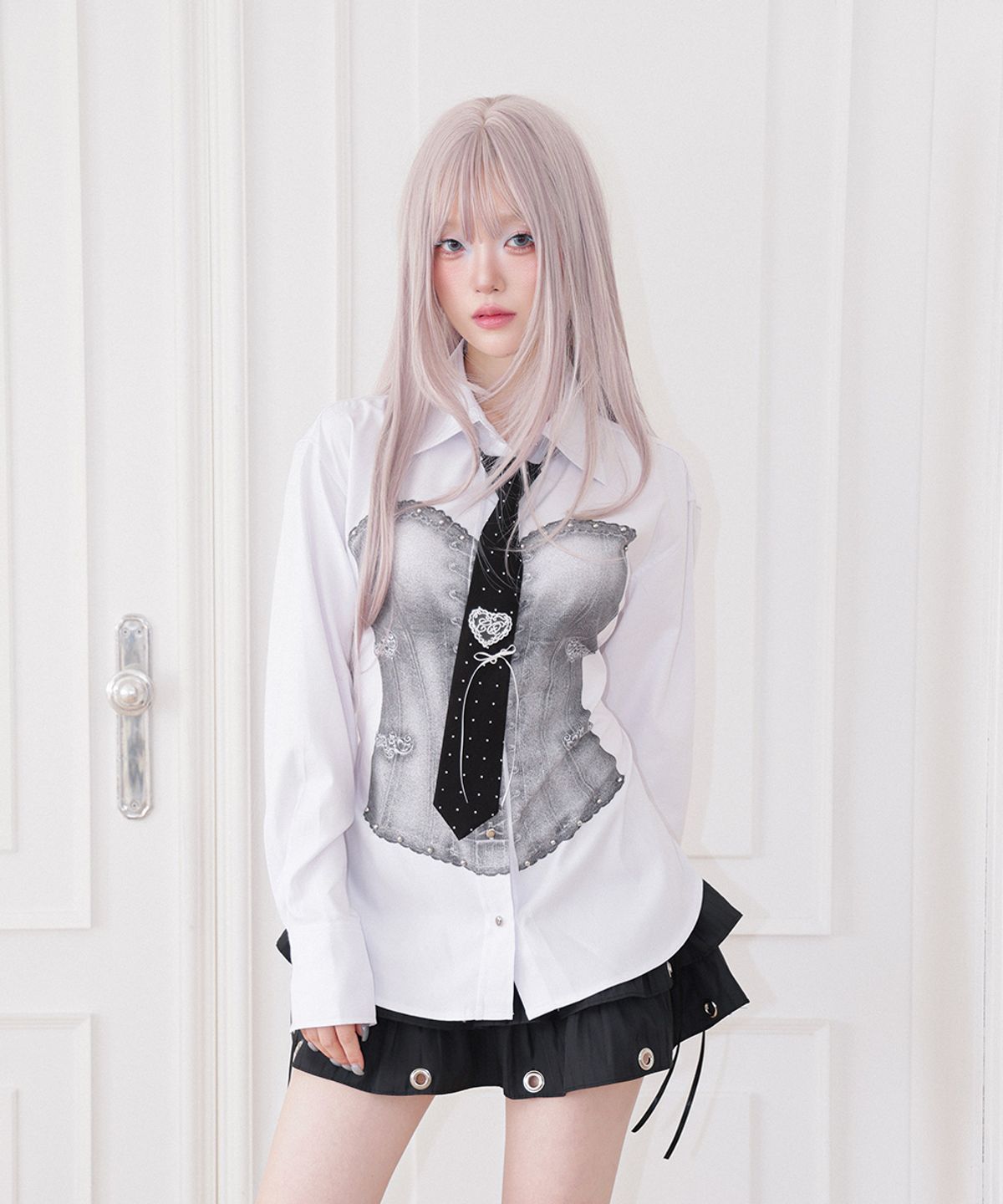 체리퀴리(CHERRYQUIRI) ghost corset print shirt  - white