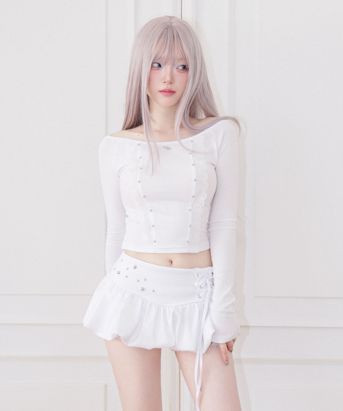 체리퀴리(CHERRYQUIRI) cloud lace off shoulder top - white