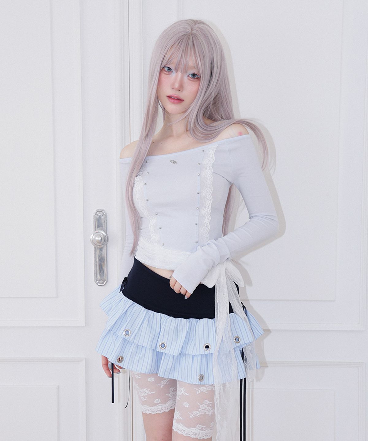 체리퀴리(CHERRYQUIRI) cloud lace off shoulder top - baby blue