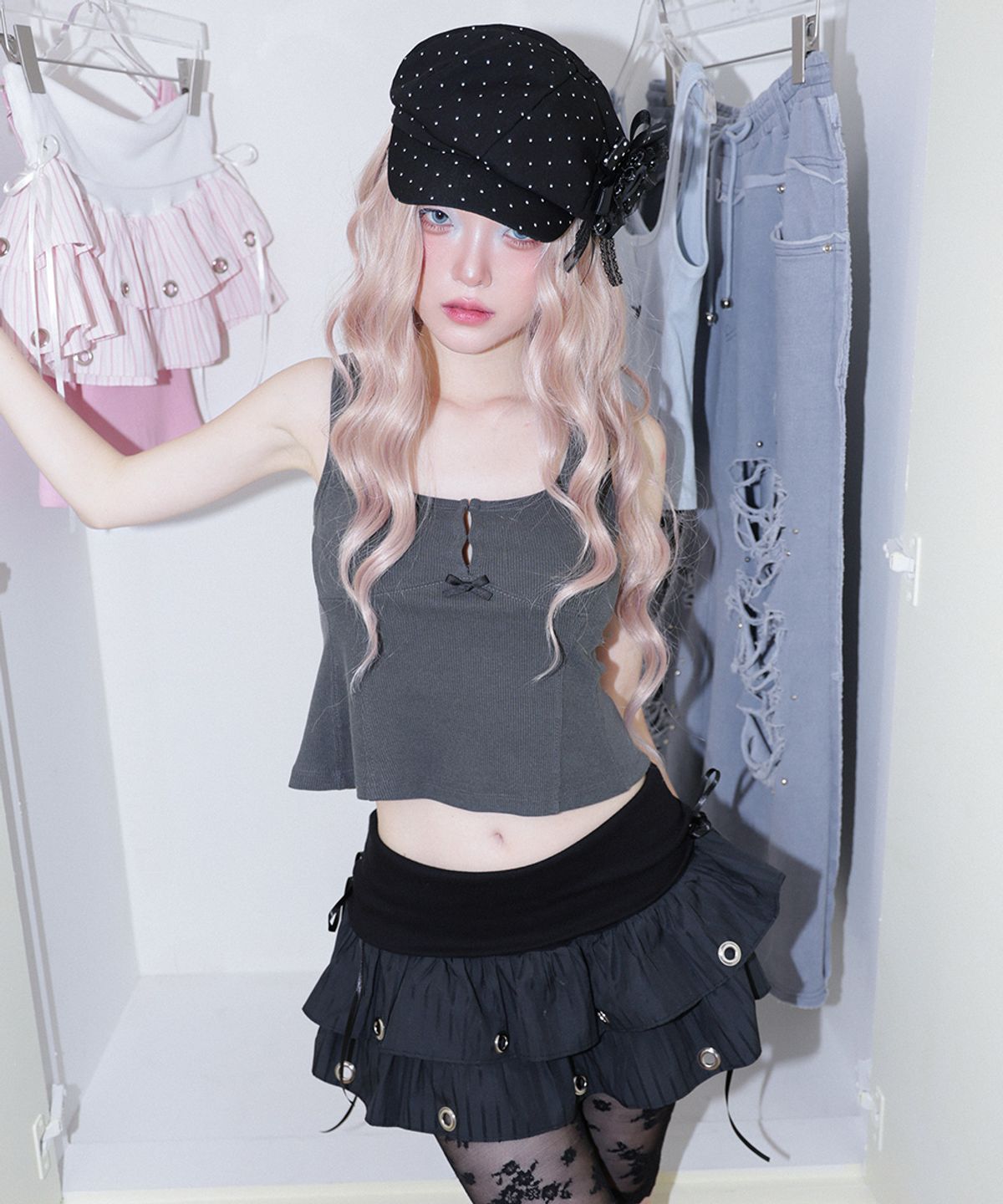 체리퀴리(CHERRYQUIRI) hook line sleeveless - washed charcoal