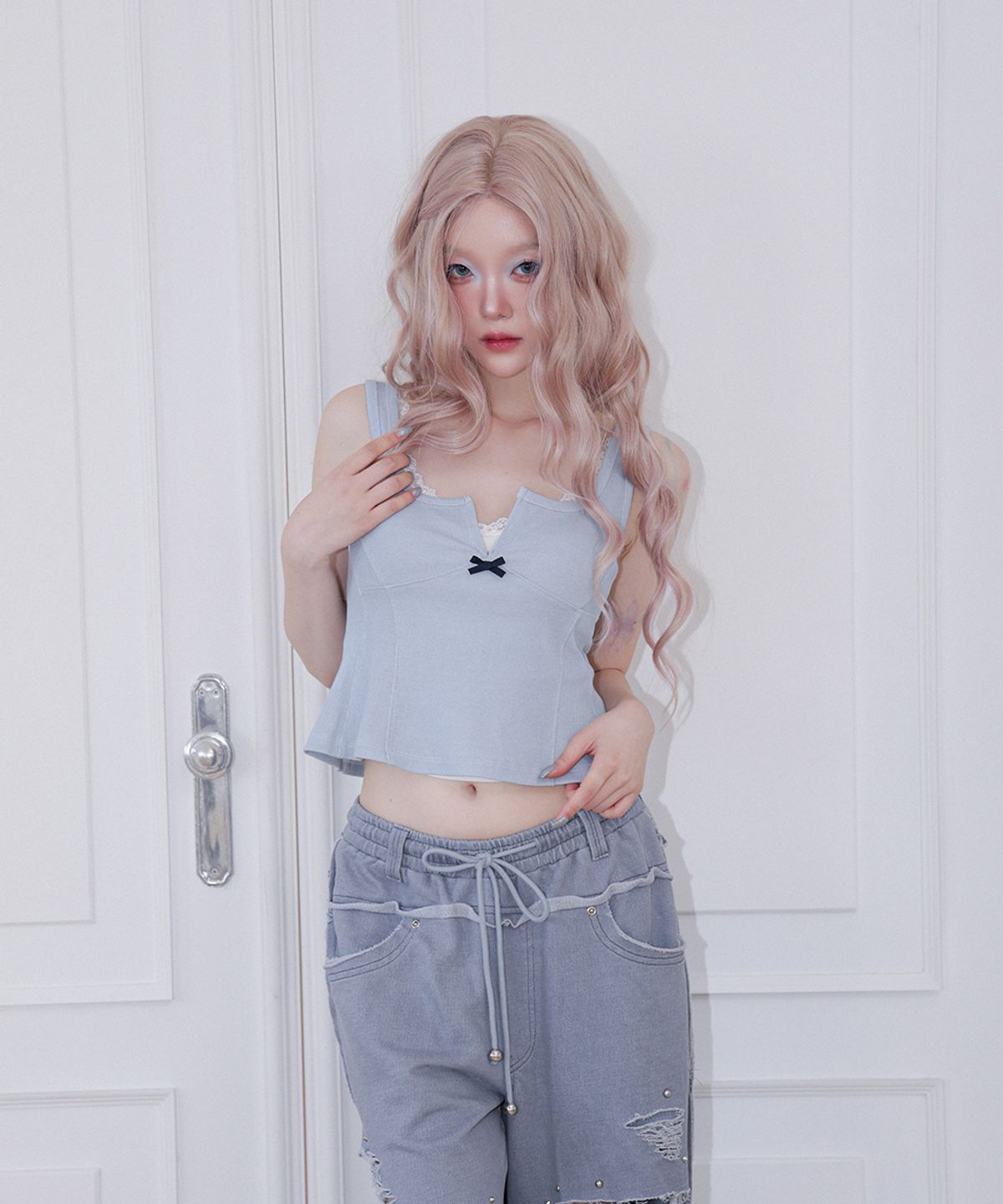 체리퀴리(CHERRYQUIRI) hook line sleeveless - washed blue