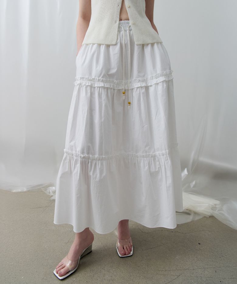 String Point Tiered Frill Long Skirt (Ivory)