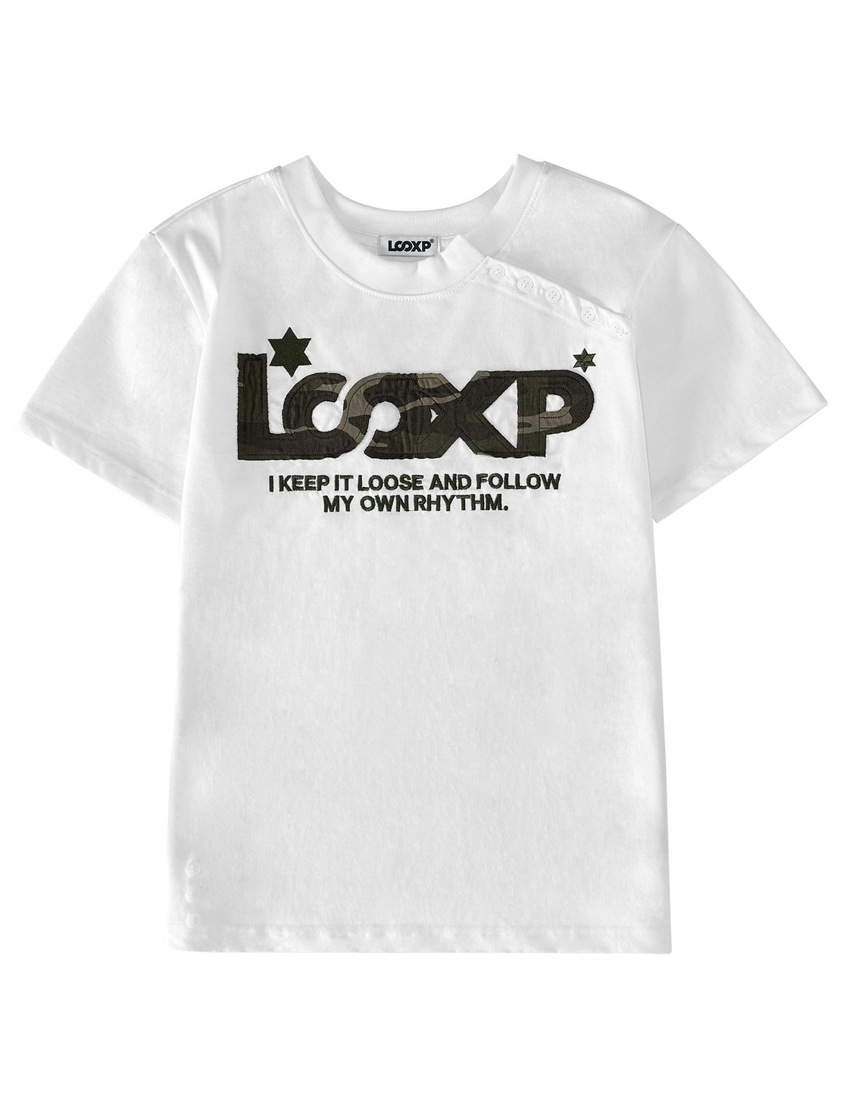 루프(LOOXP) 카모 스타 아플리케 사선 버튼 반팔티 화이트(카모)